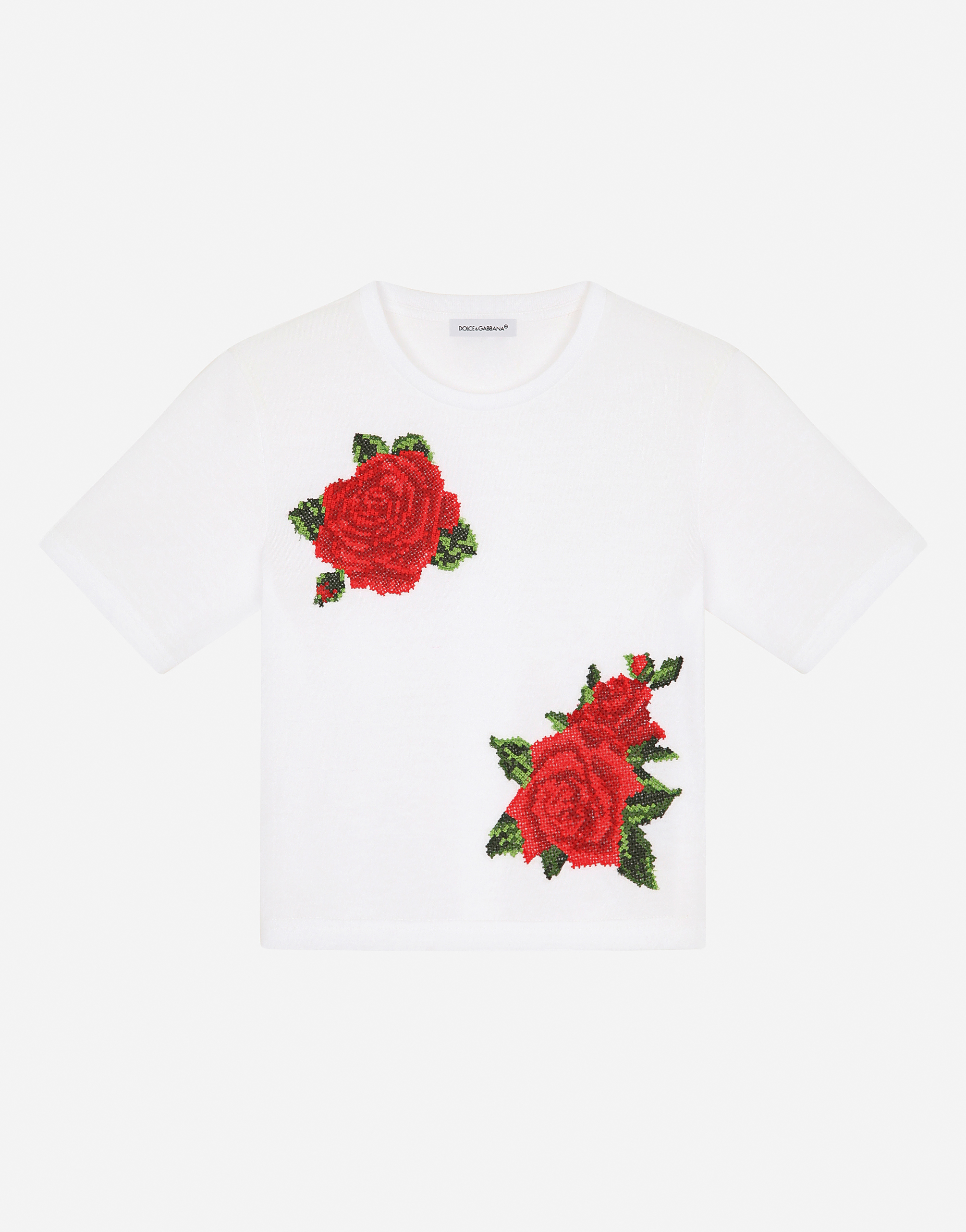 Dolce & Gabbana Kids' Jersey T-shirt With Crochet Rose Patch
