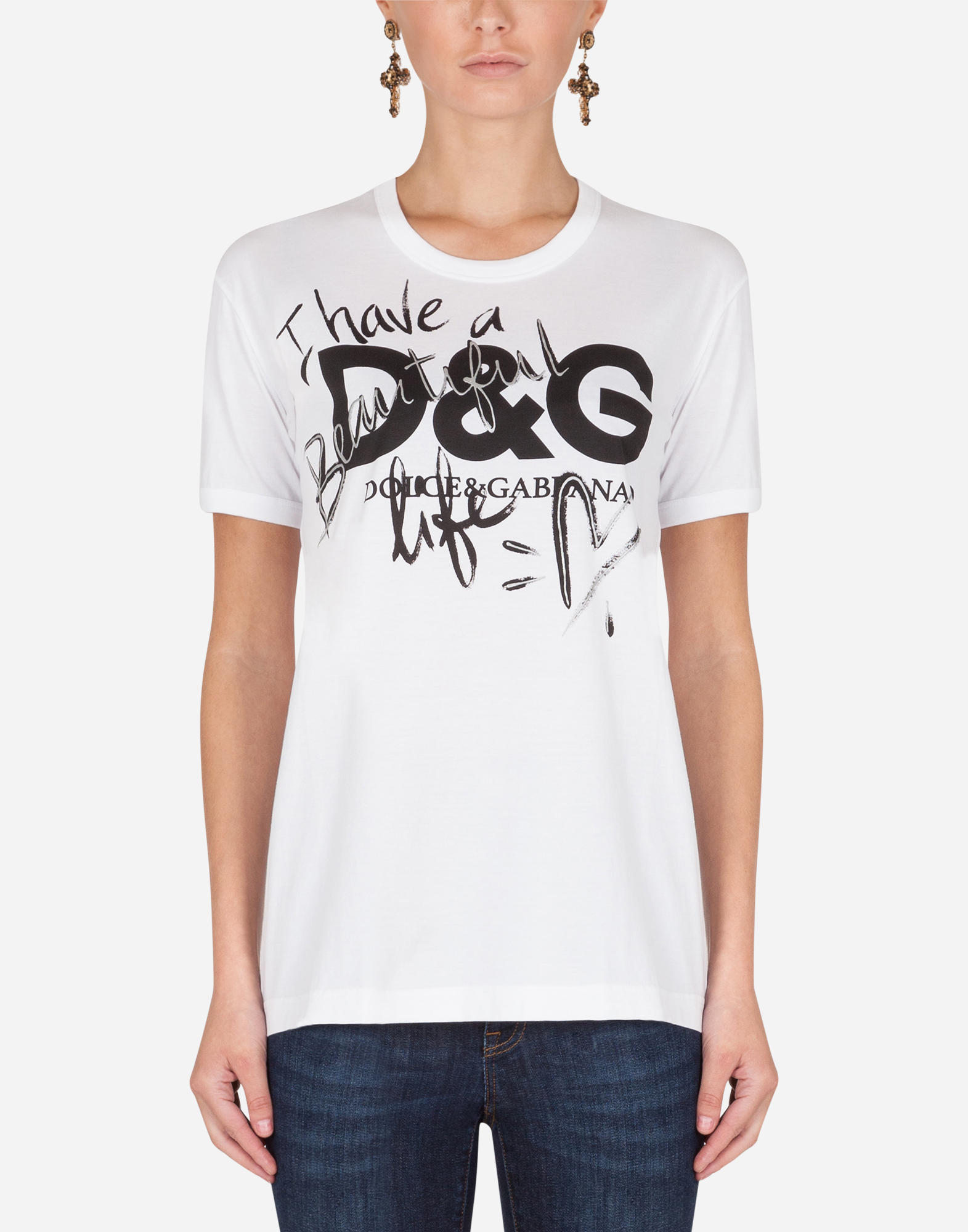 Women S Collection In White Black Printed Cotton T Shirt Dolce Gabbana