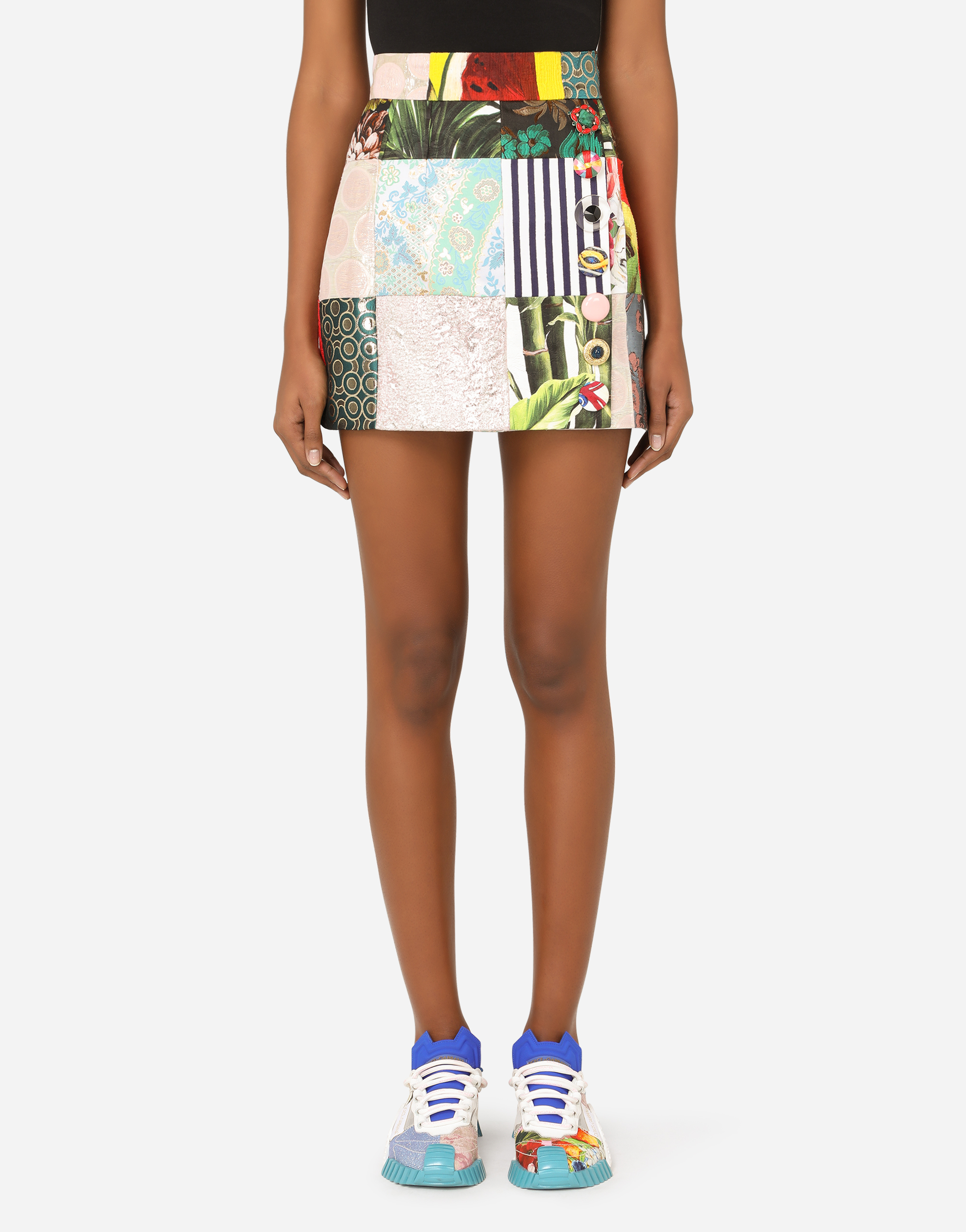 Dolce & Gabbana Patchwork Jacquard Miniskirt With Bejeweled Buttons