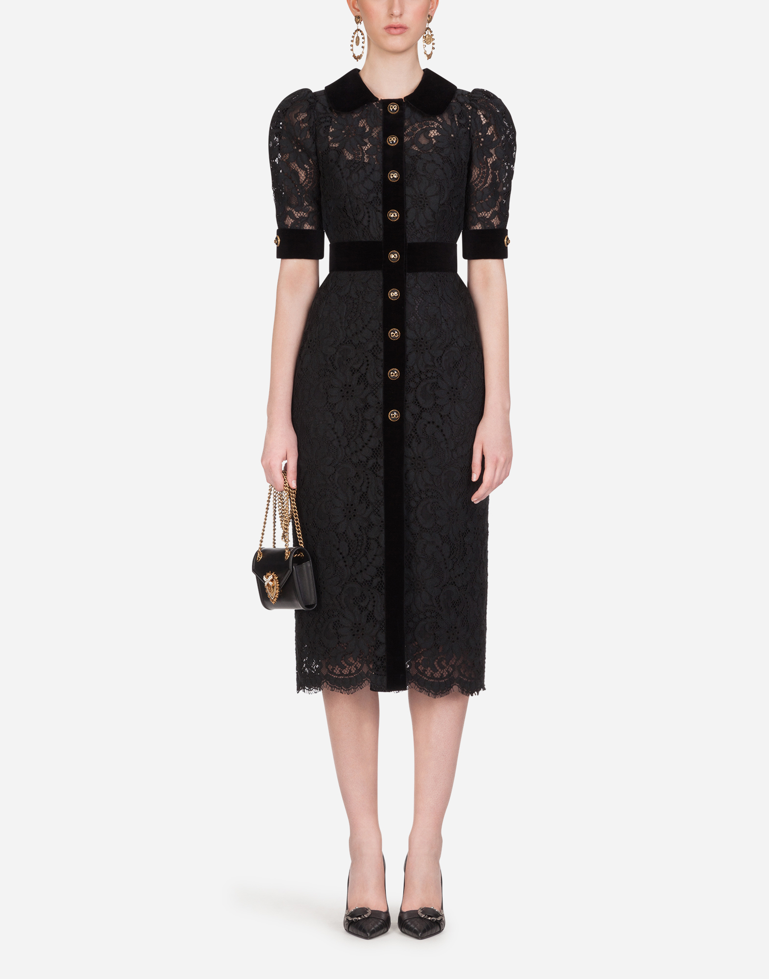 Lace midi dress with bejeweled buttons