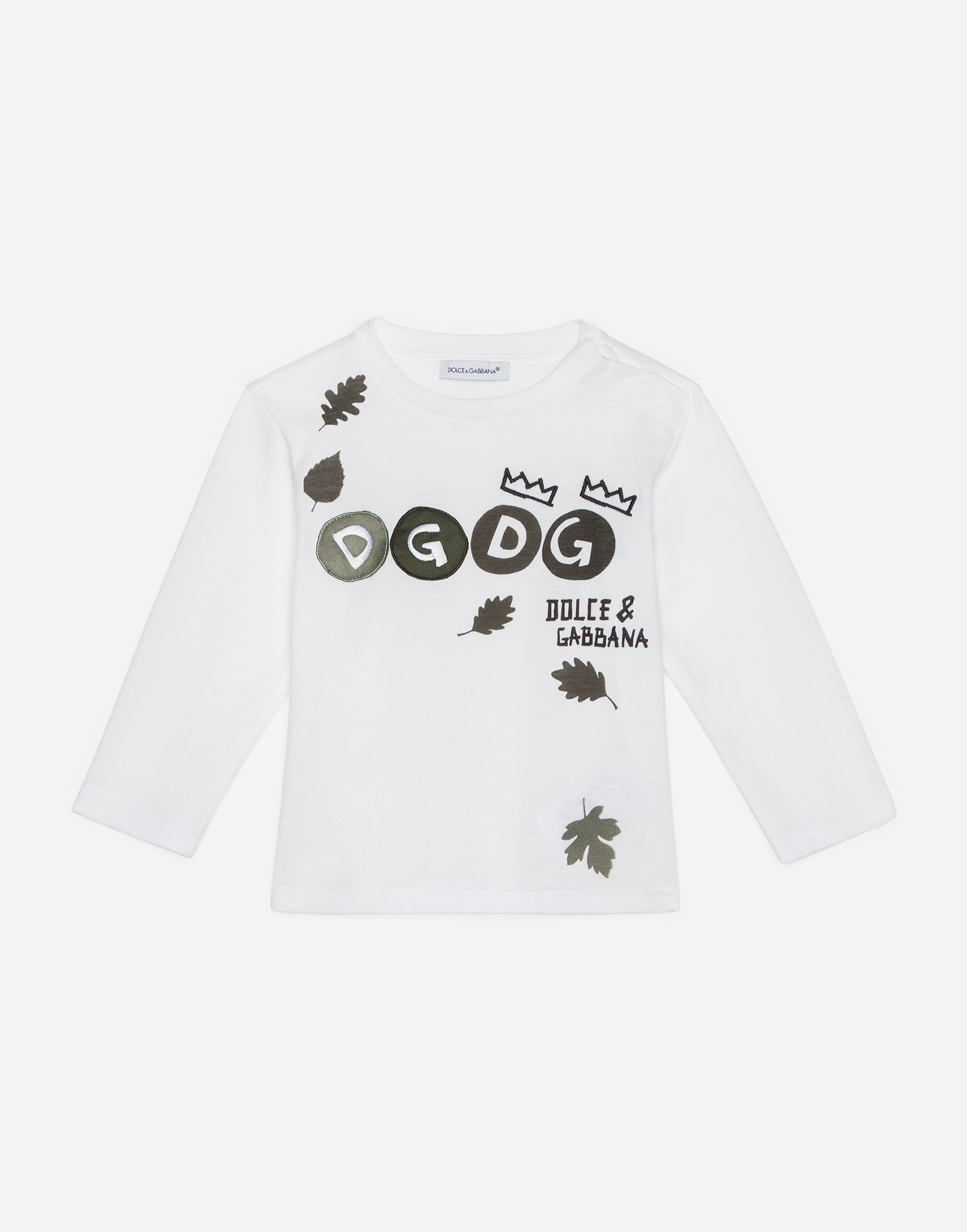 Dolce & Gabbana Kids' Long-sleeved Jersey T-shirt With Leaf Print With Dg Patch Detail