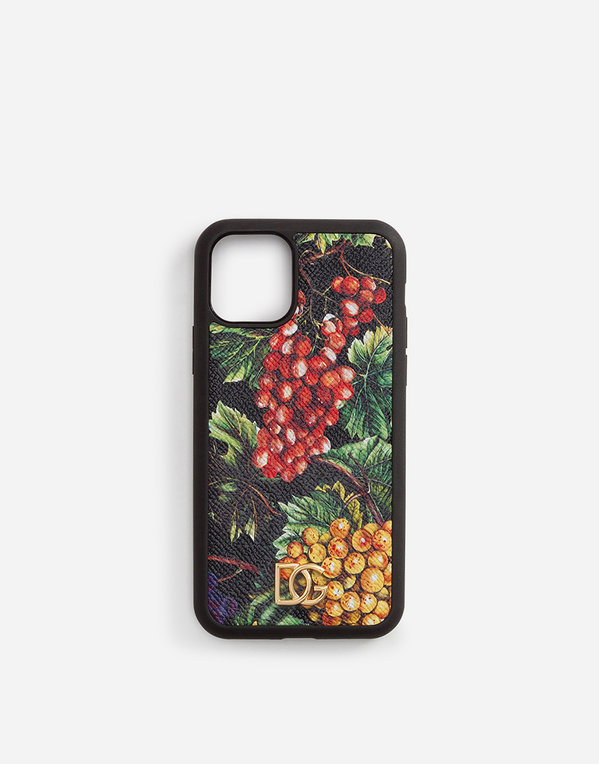 Dolce & Gabbana Iphone 11 Pro Case With Grape Print On A Black Background In Dauphine Calfskin