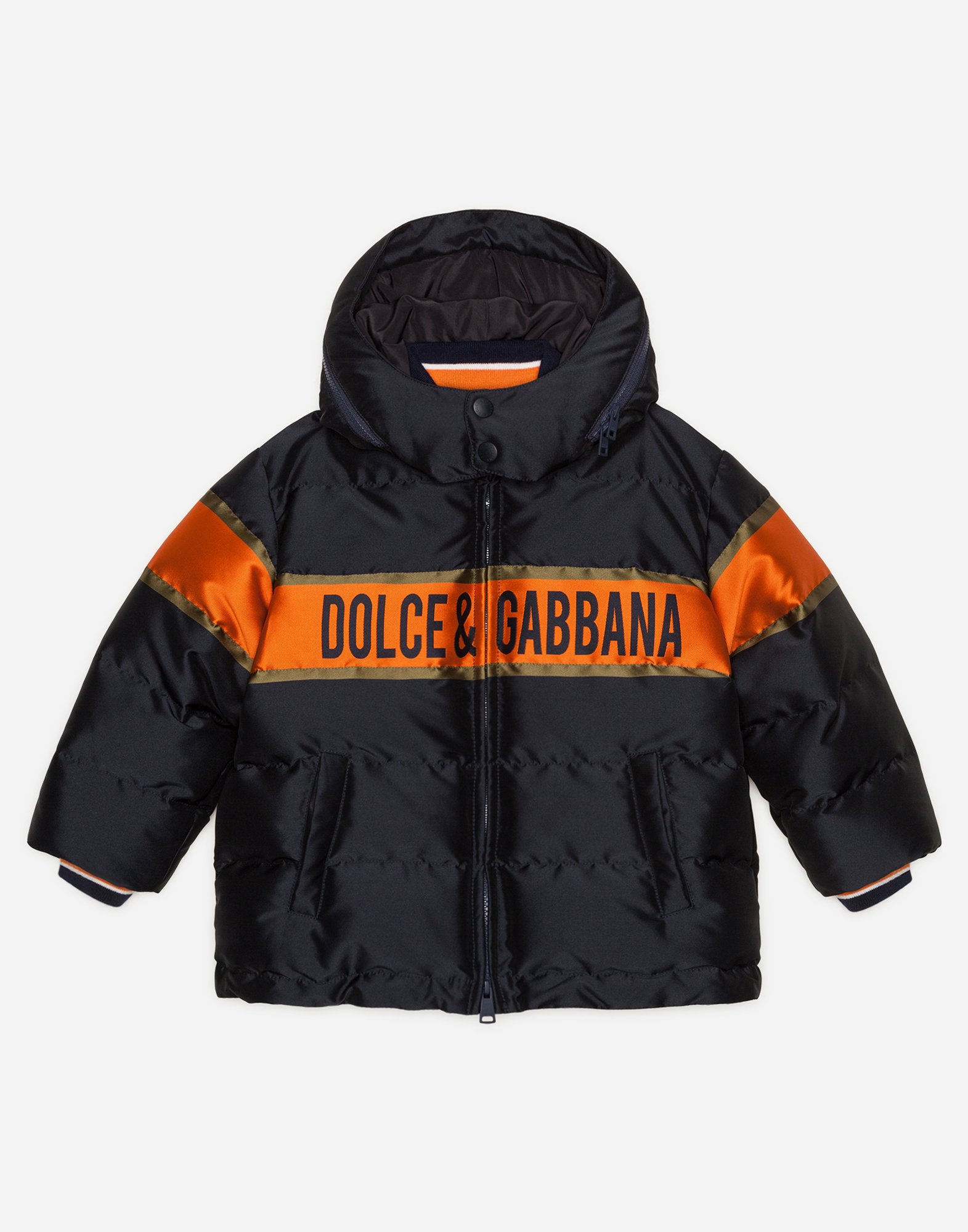 DOLCE & GABBANA Nylon down jacket with hood and jacquard logo
