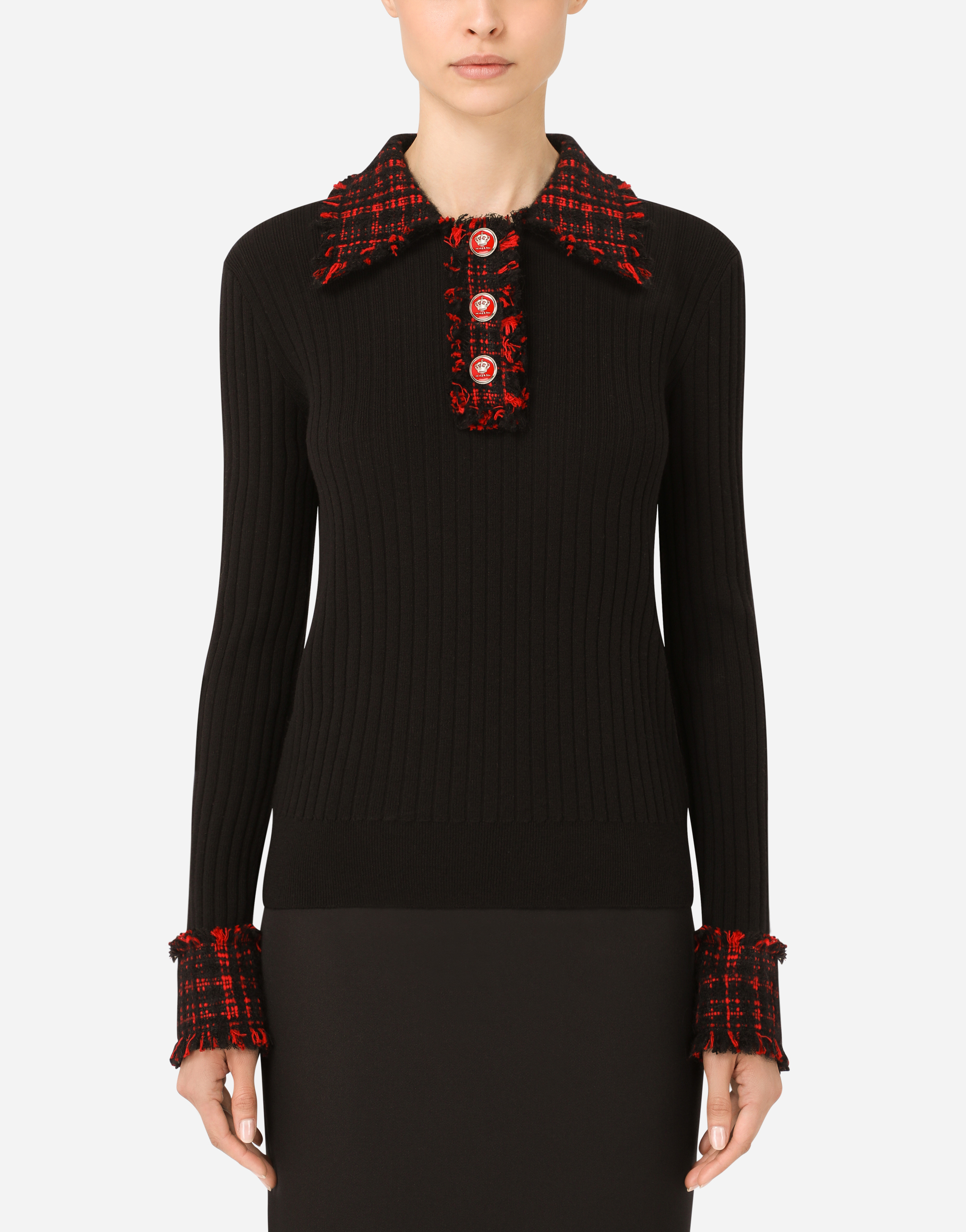 Dolce & Gabbana Wool Polo Shirt With Tweed Details In Multicolor