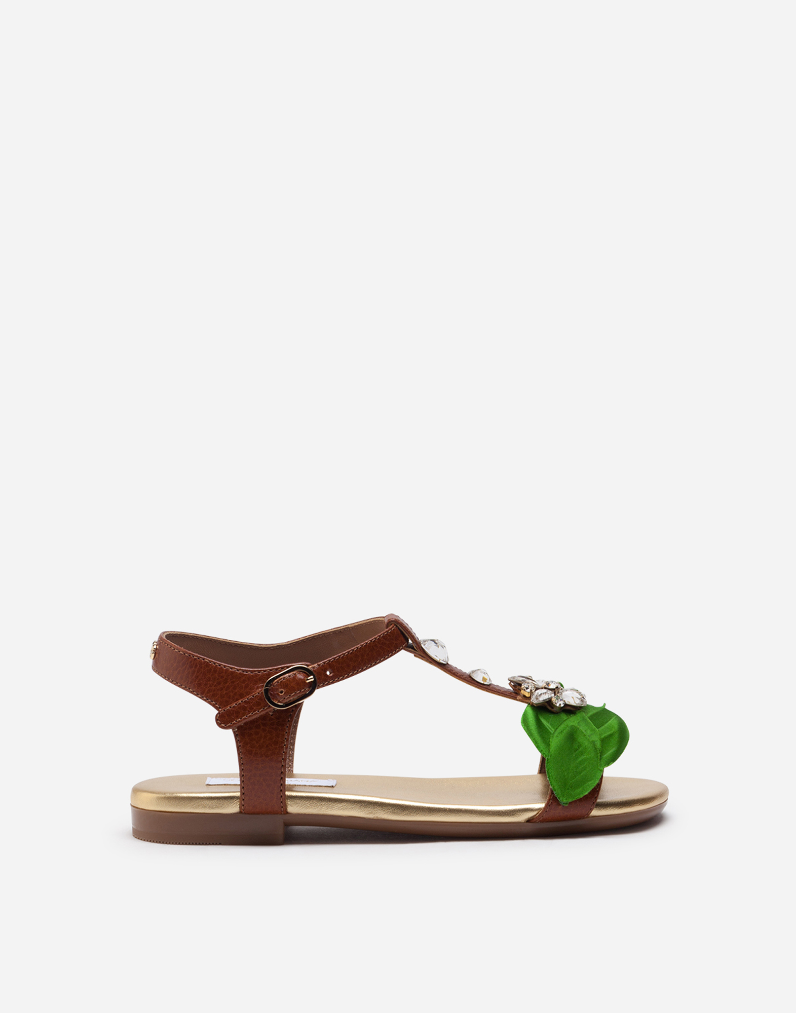 Dolce & Gabbana Kids' T-strap Sandals In Cowhide With Jewel Appliqué