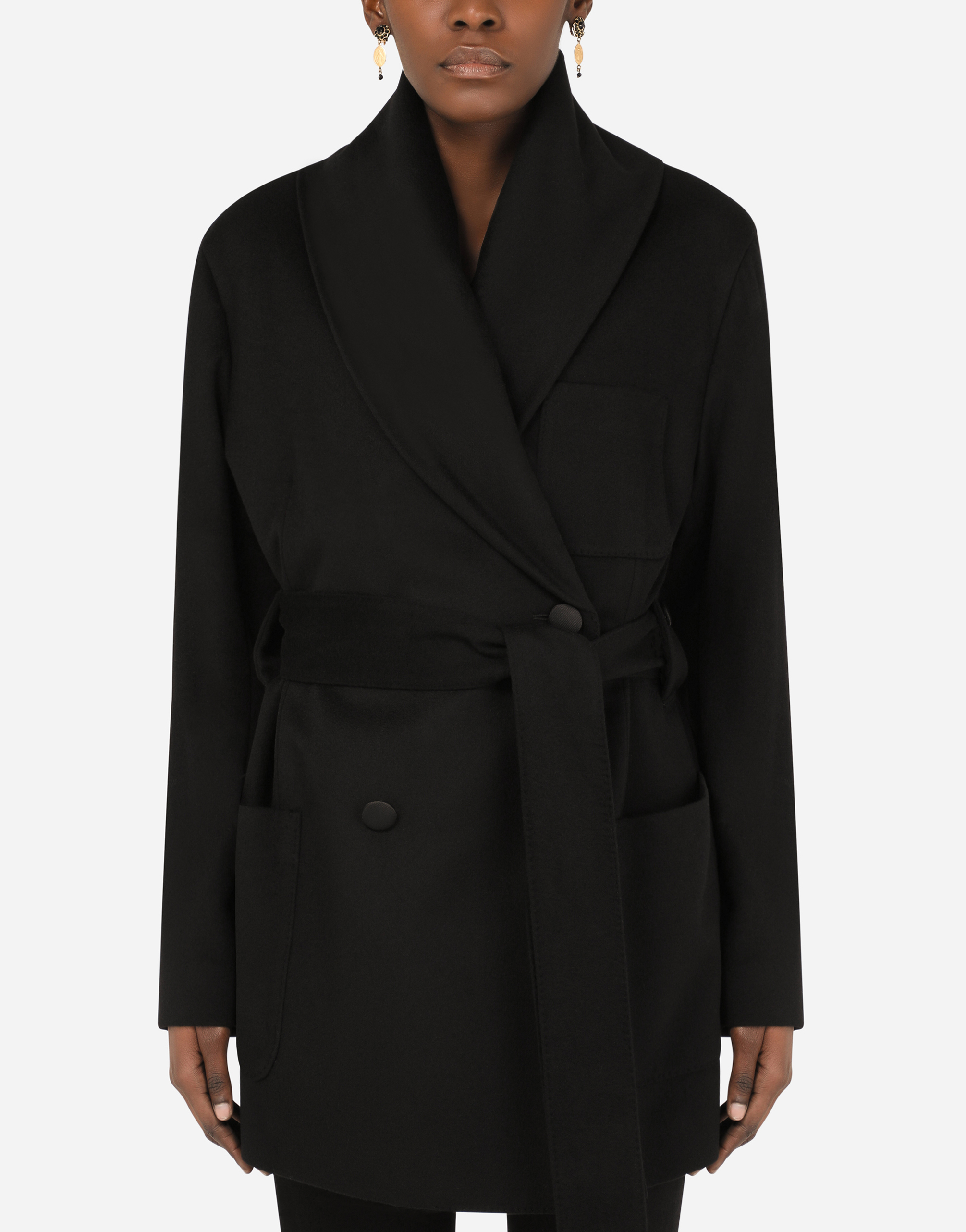Dolce & Gabbana Short Belted Cashmere Robe Coat In Black