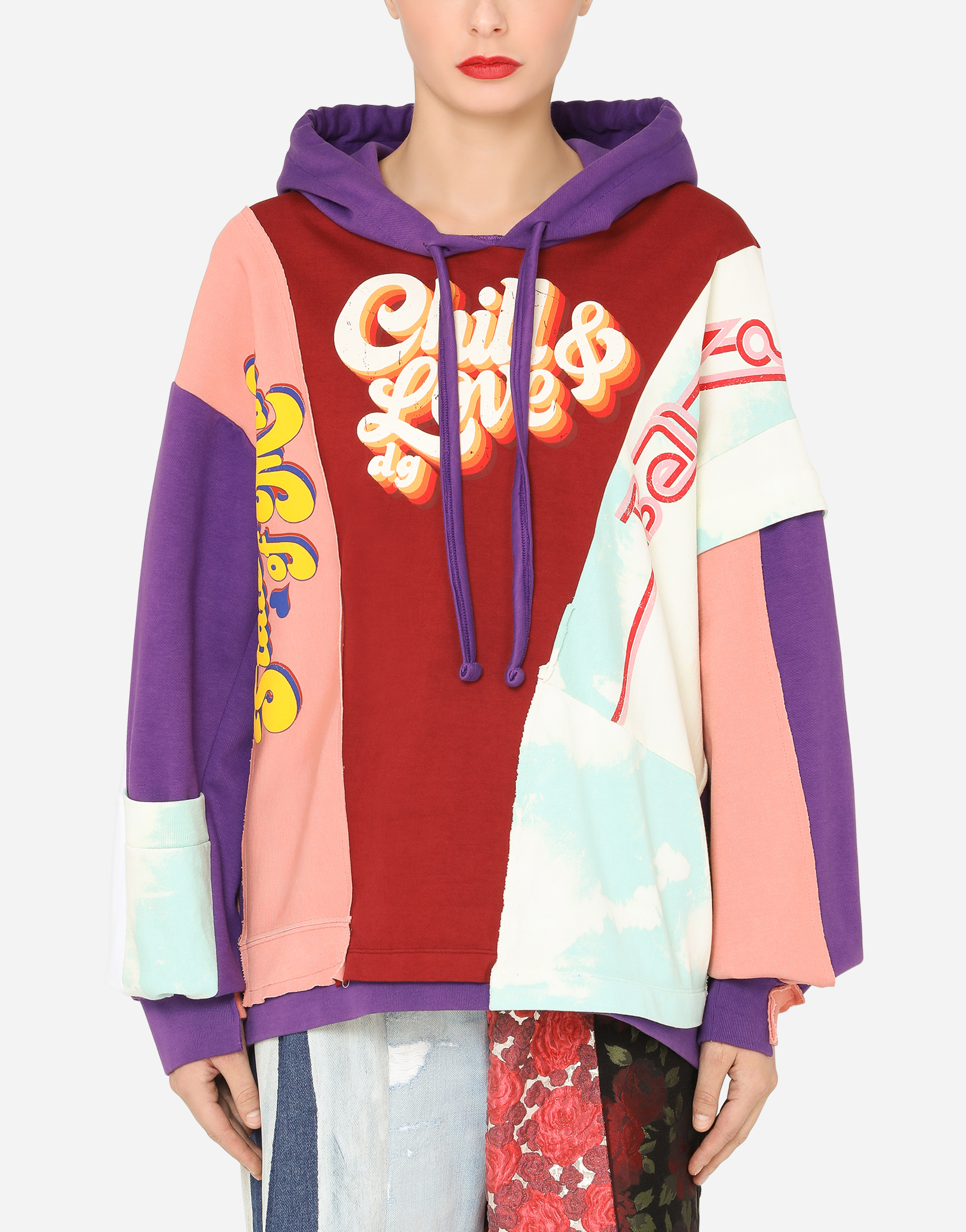 DOLCE & GABBANA Patchwork jersey hoodie with chill & love DG print