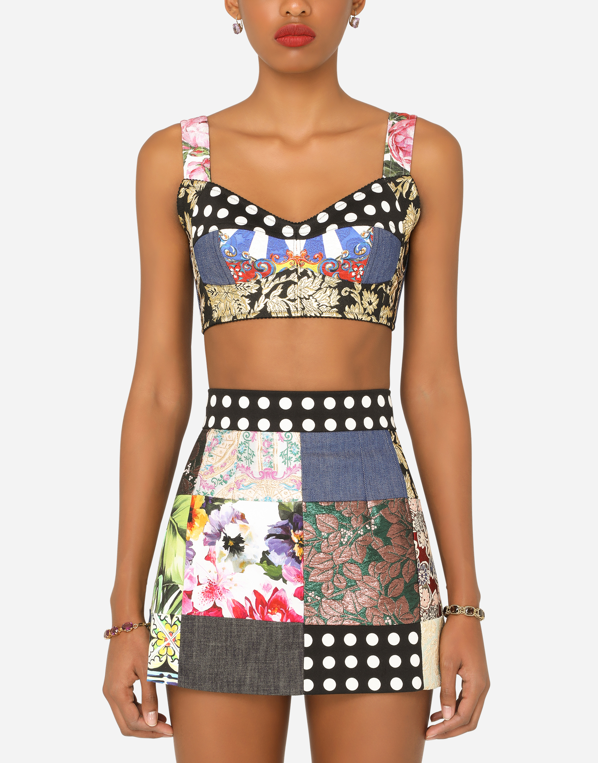 Dolce & Gabbana PATCHWORK DRILL AND BROCADE JACQUARD BUSTIER TOP