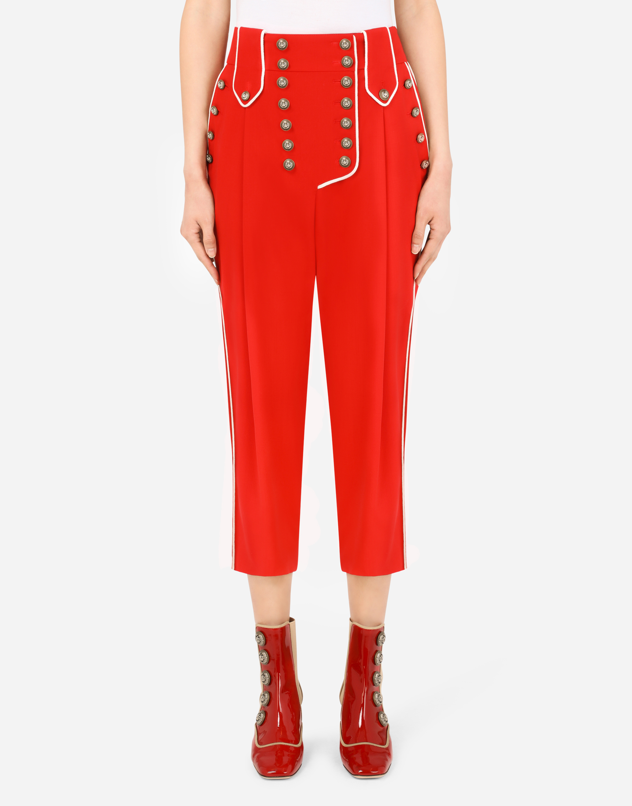Dolce & Gabbana High-waisted Woolen Pants With Heraldic Buttons In Red