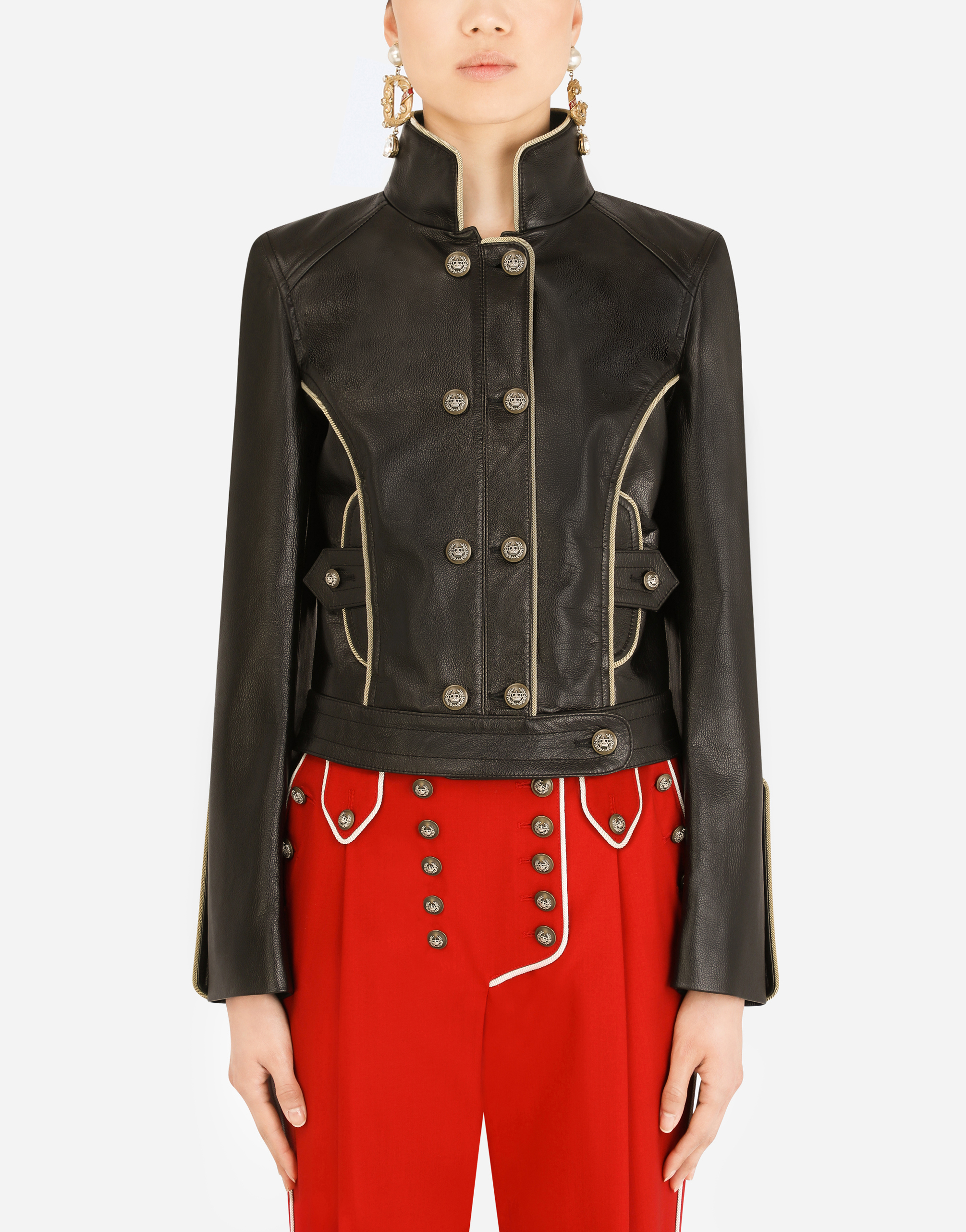 Dolce & Gabbana Leather Biker Jacket With Heraldic Buttons In Black