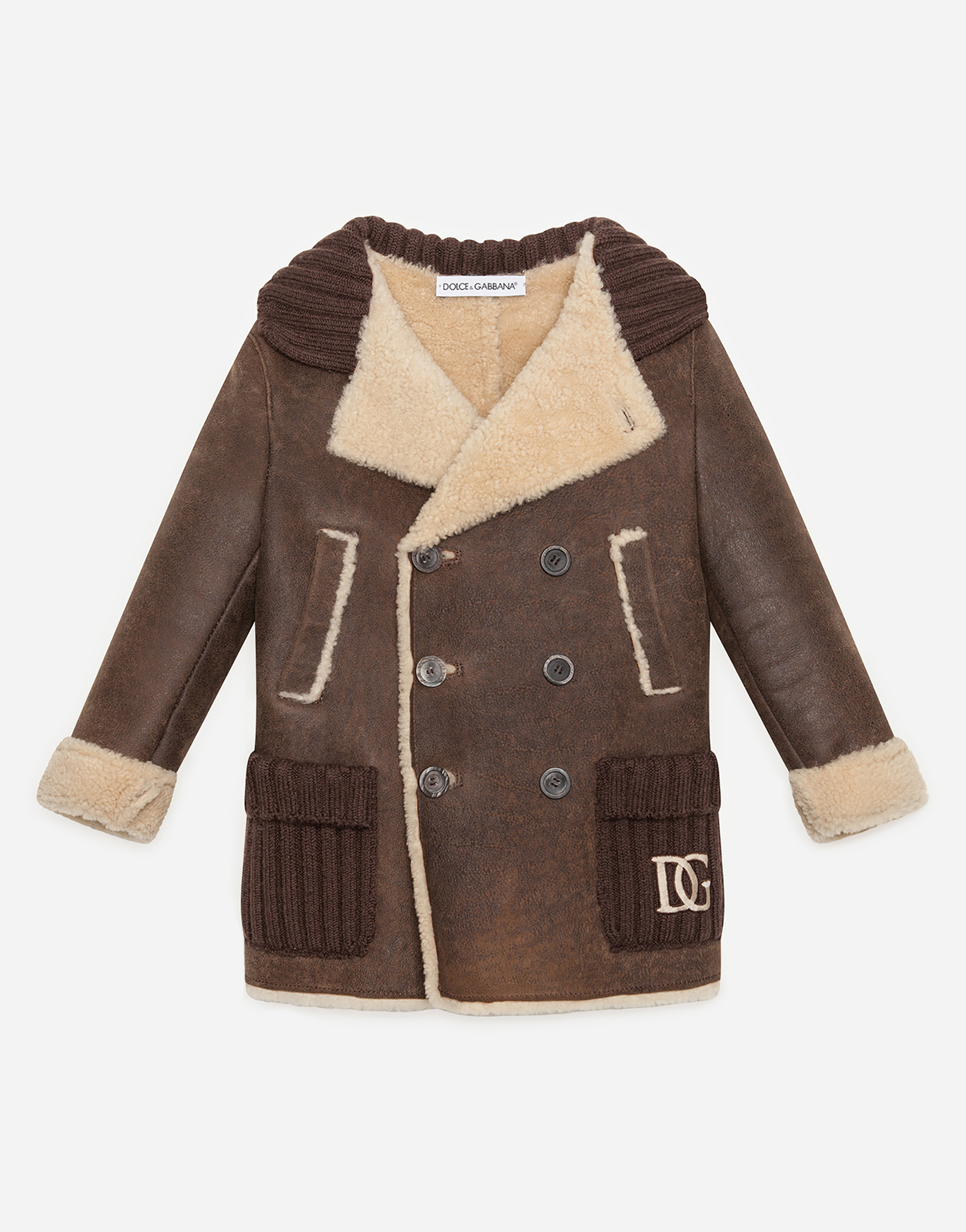 DOLCE & GABBANA Double-breasted shearling coat with knit inserts