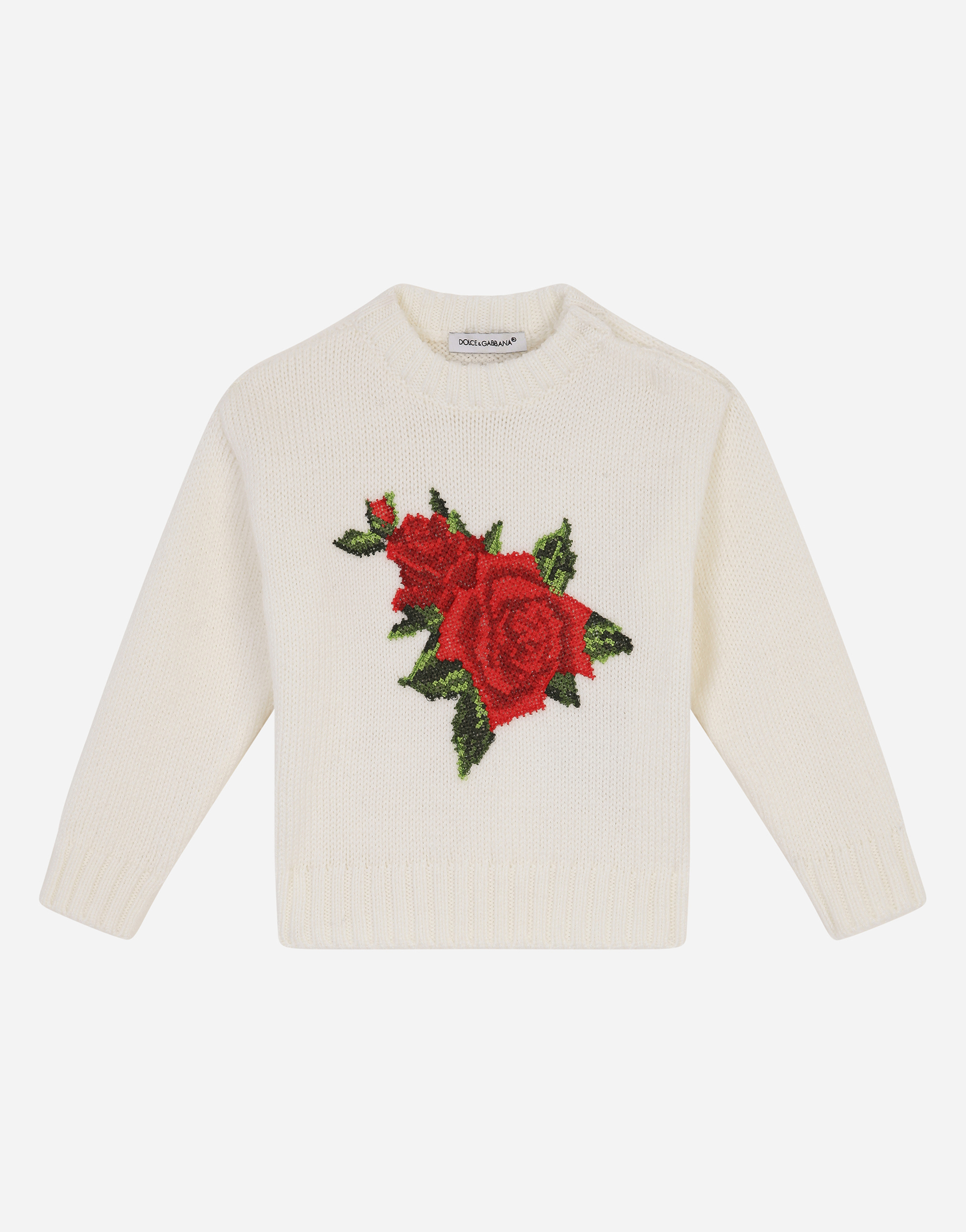 DOLCE & GABBANA Round-neck knit pullover with crochet rose patch