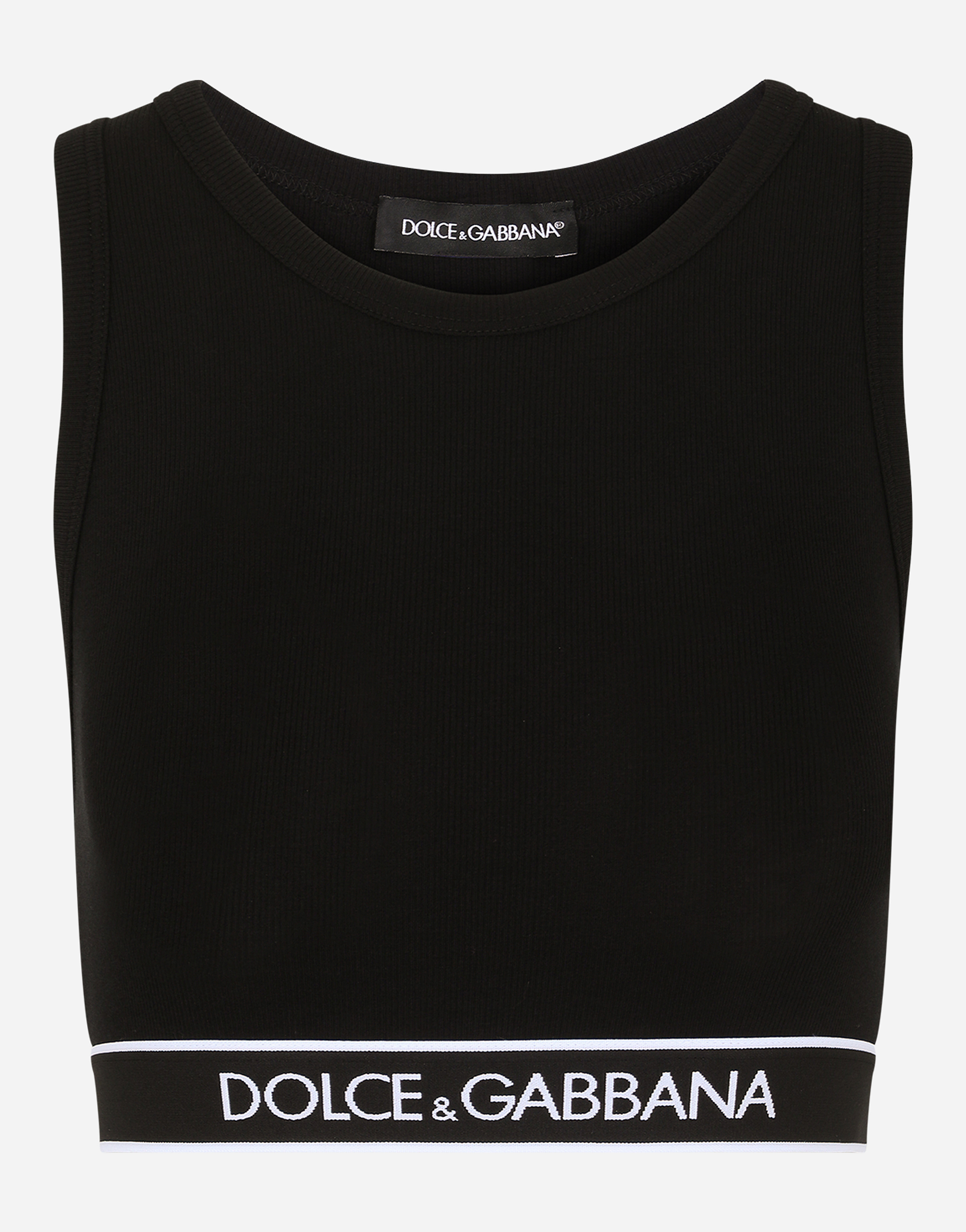 Fine-rib jersey top with branded elastic in Black