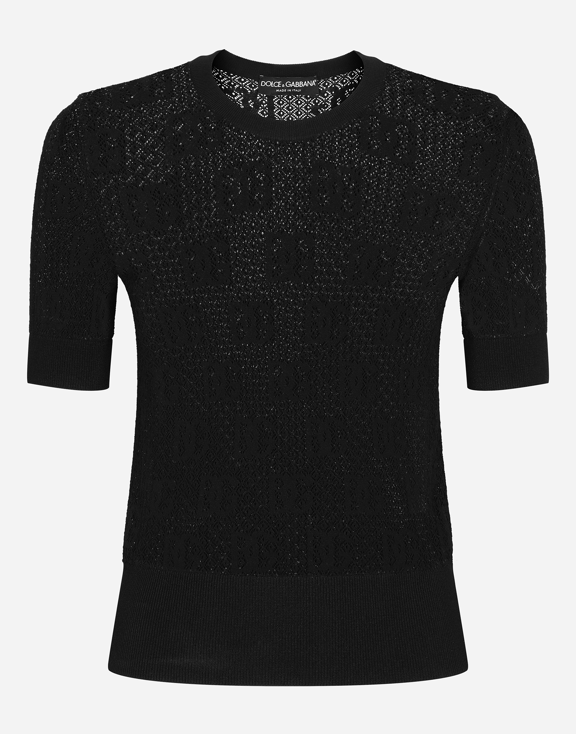 Short-sleeved lace-stitch sweater with DG logo in Black