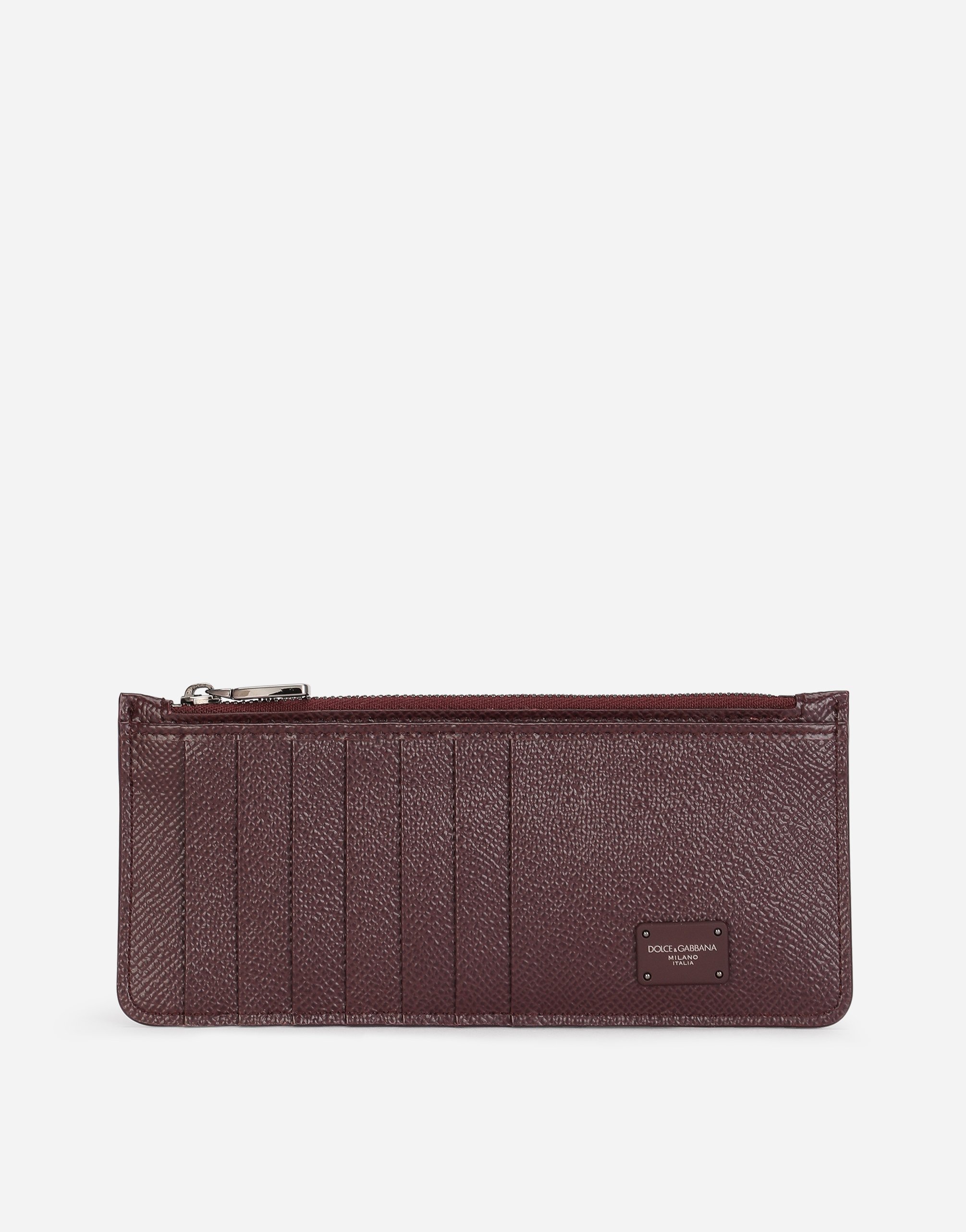 Dauphine calfskin vertical card holder with branded tag in Bordeaux