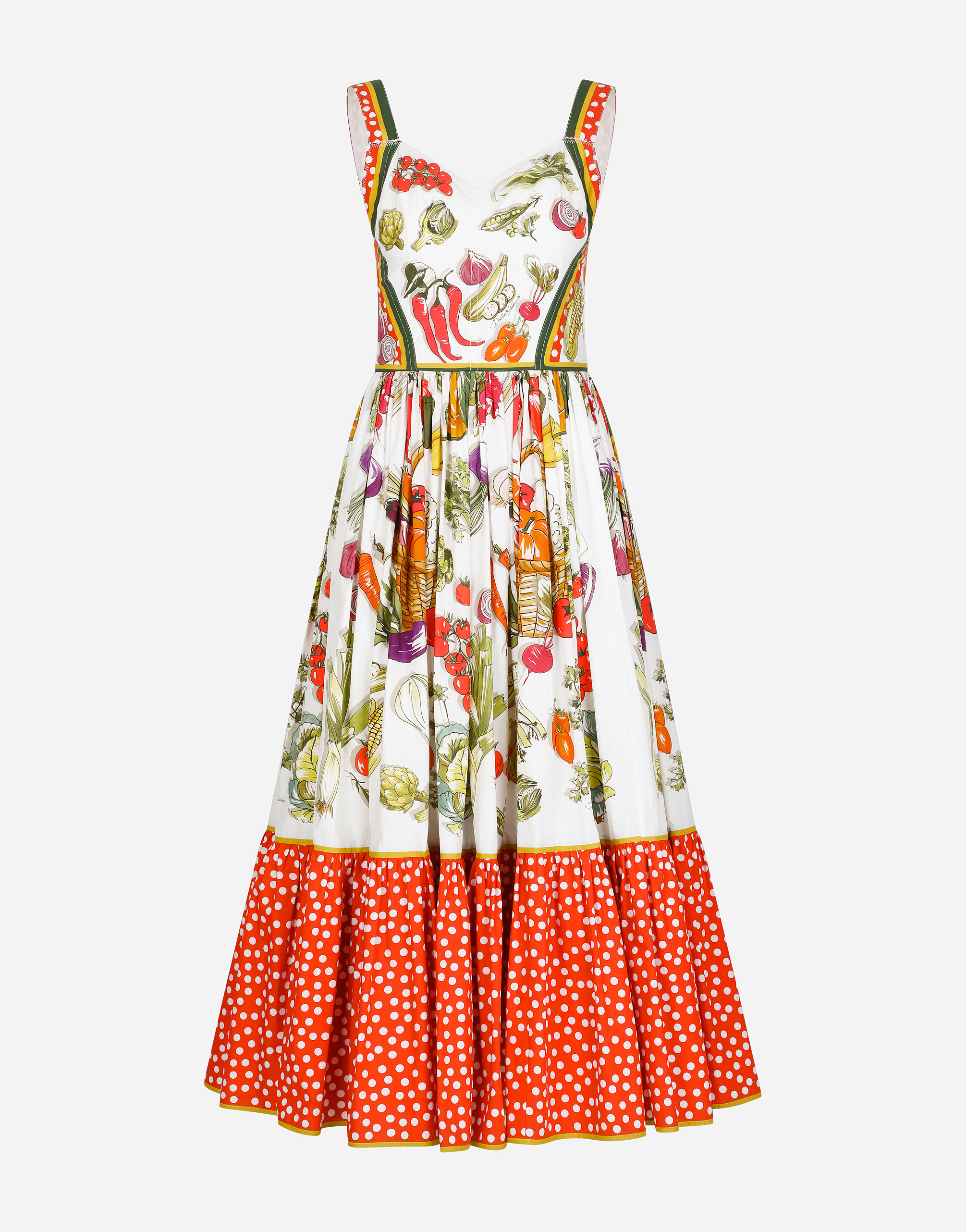 Calf-length bustier dress in vegetable-print poplin in Multicolor