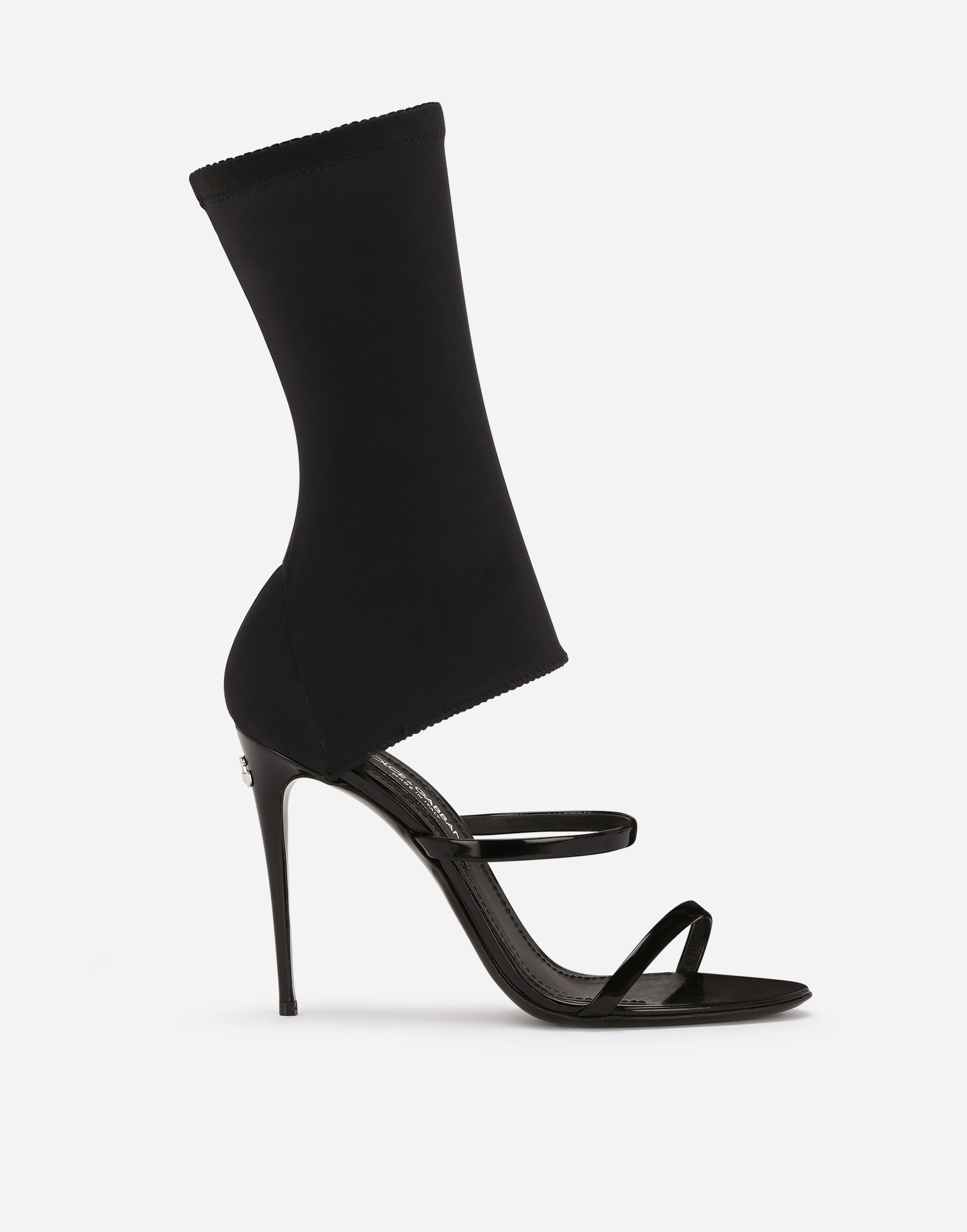 Polished calfskin and spandex fabric sandals in Black