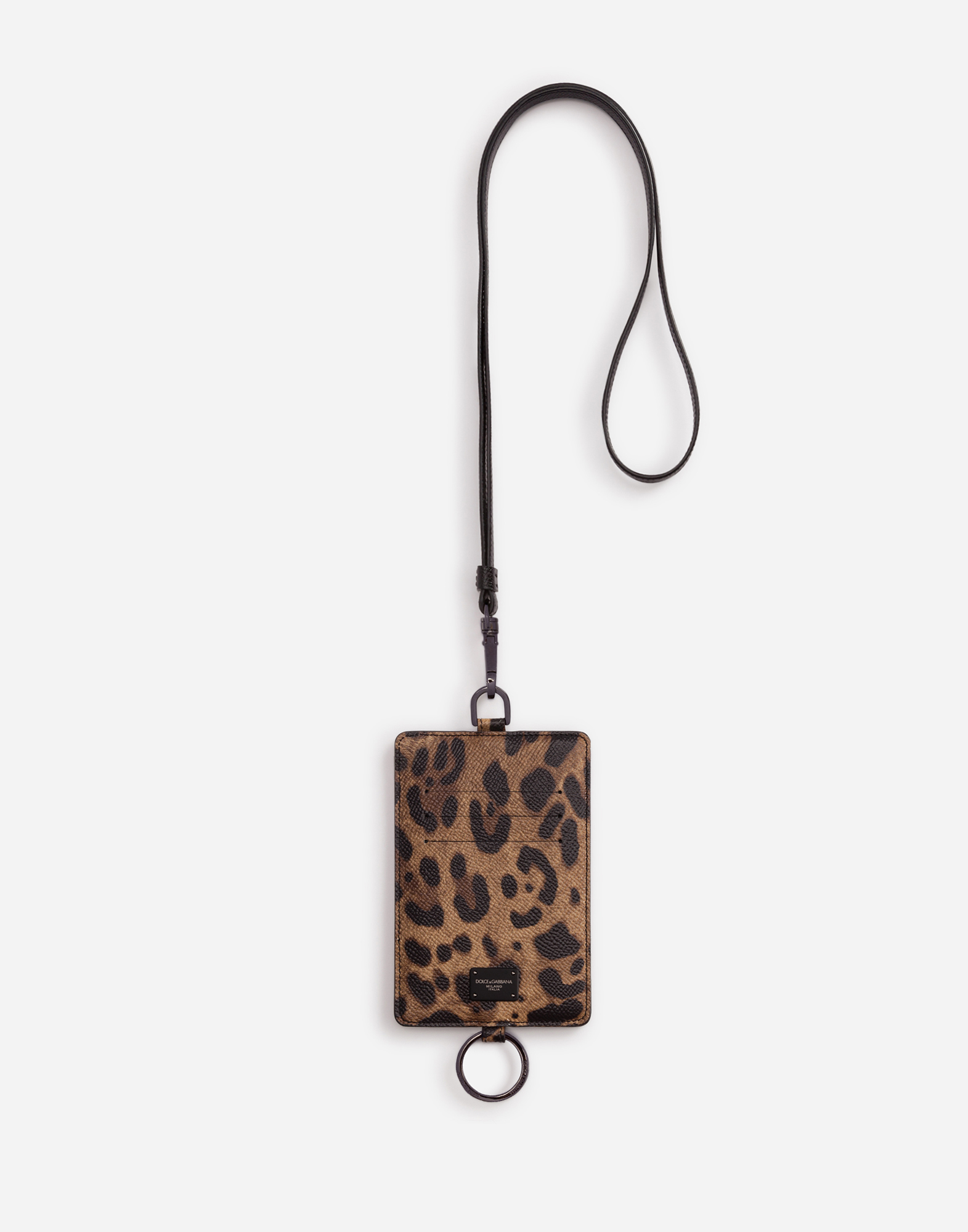 Leopard print card holder in dauphine calfskin with cross-body strap in Multicolor