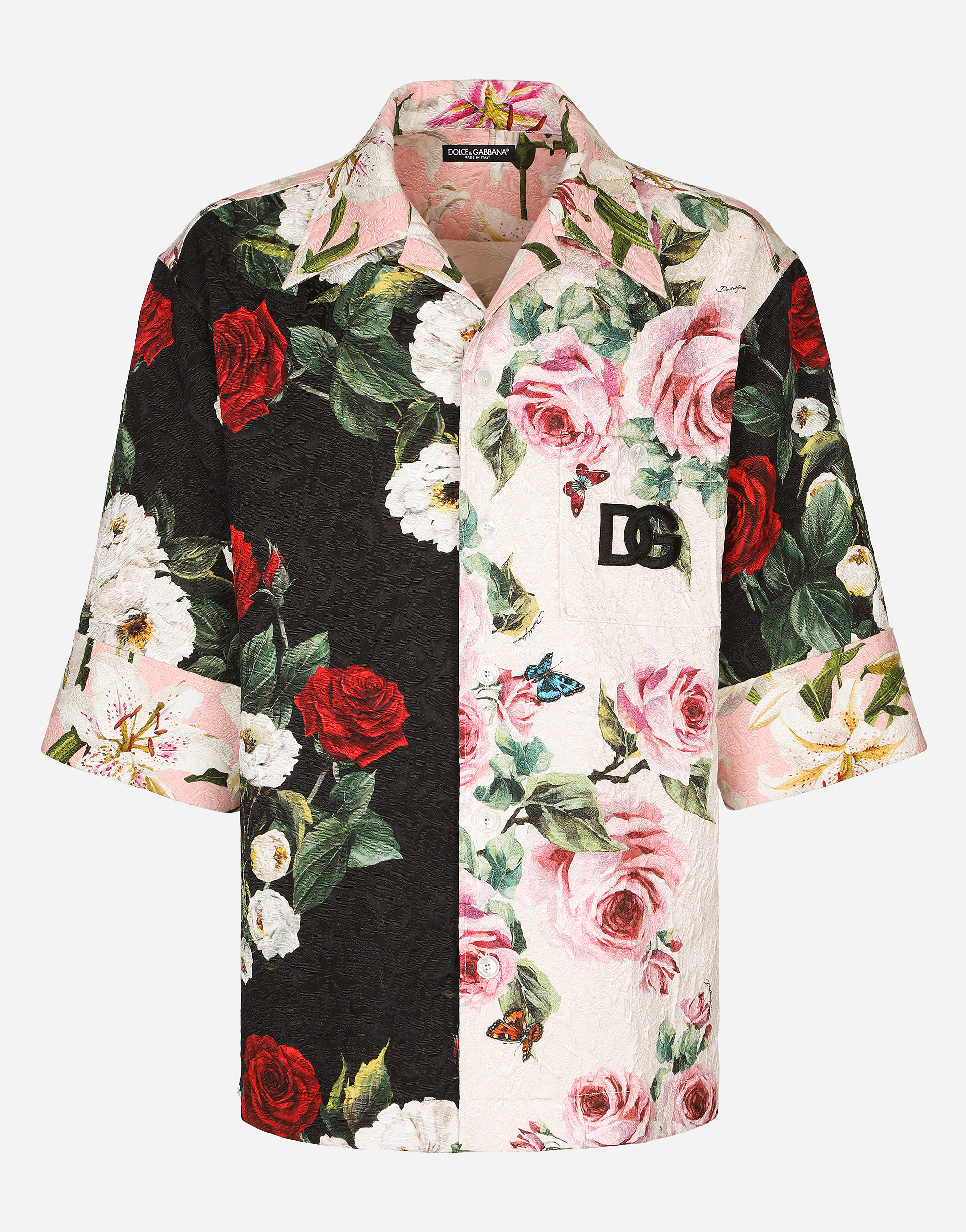 Floral-print brocade Hawaiian shirt with patch in Multicolor