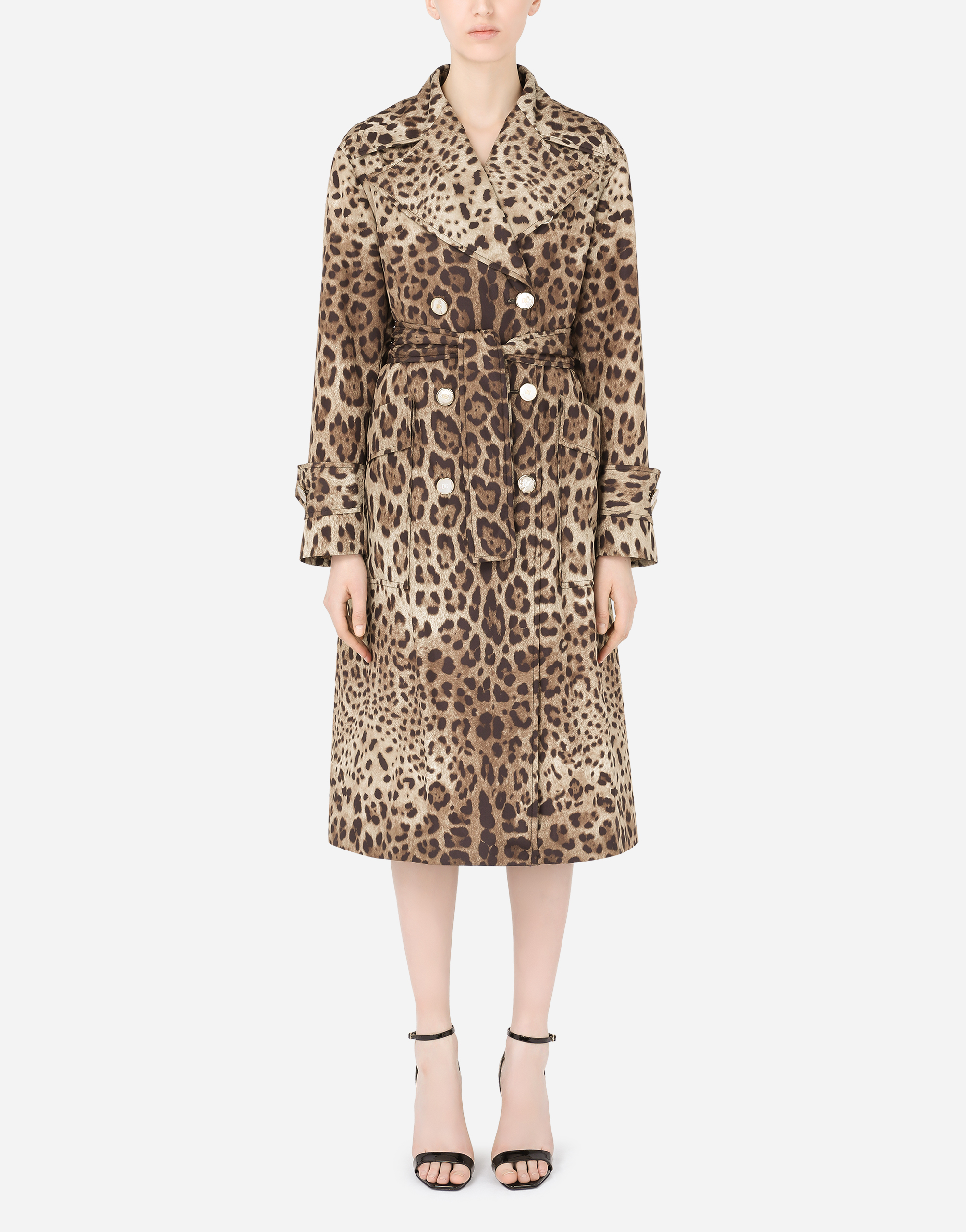 Belted double-breasted padded nylon trench coat with leopard print in Multicolor