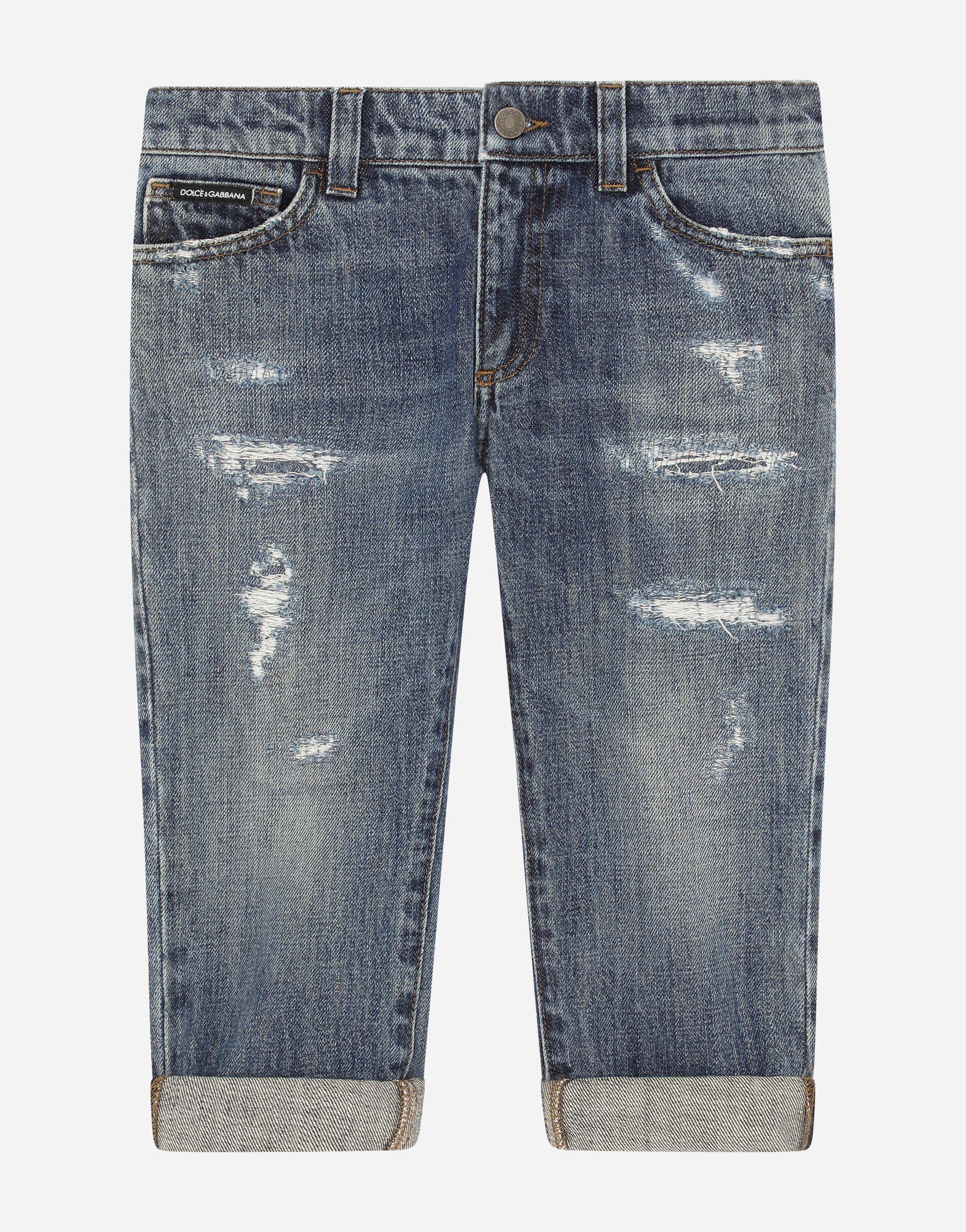 Blue wash jeans with abrasions in Blue