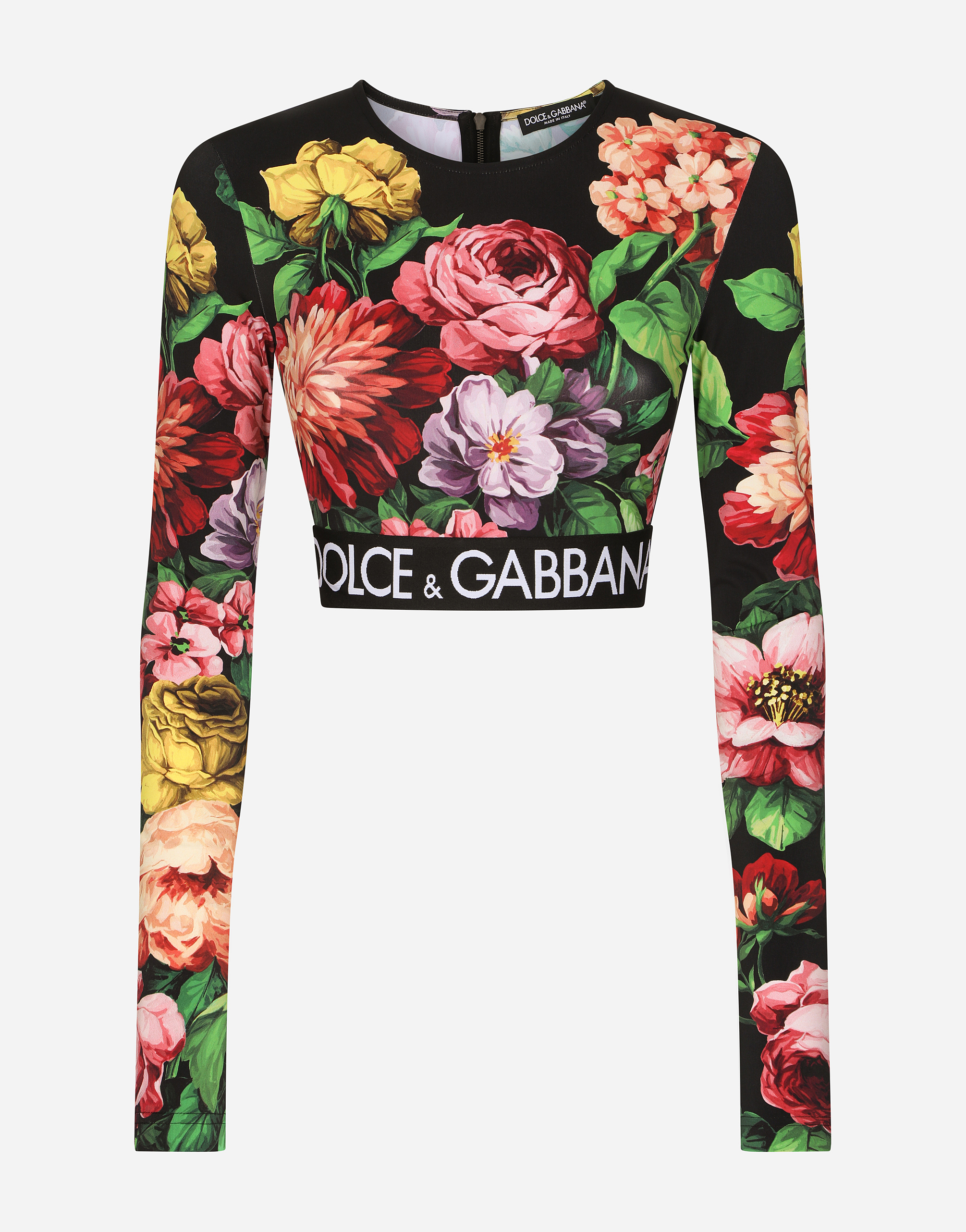Long-sleeved power jersey top with floral print in Multicolor