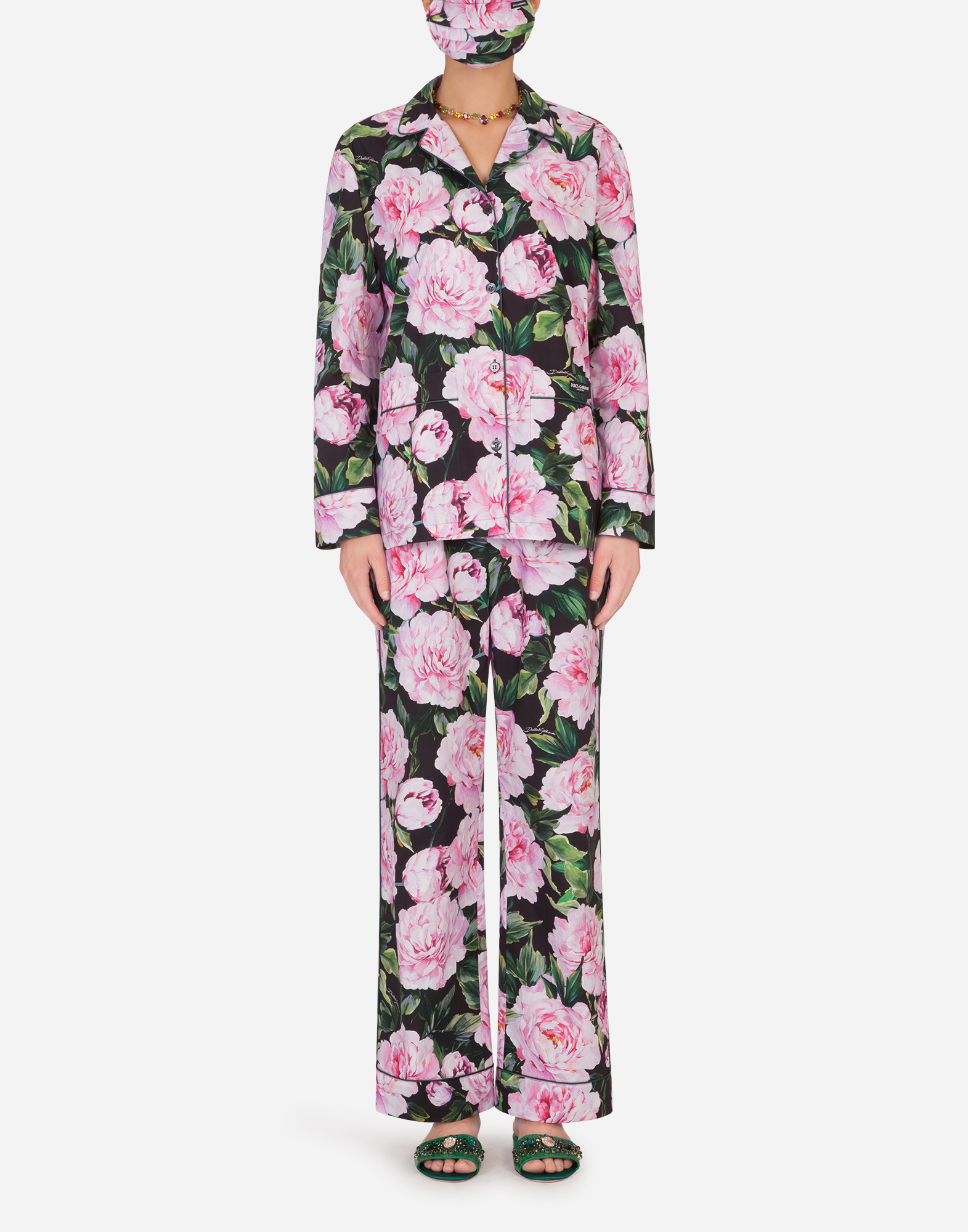 Peony-print pajama set with matching face mask in Floral Print