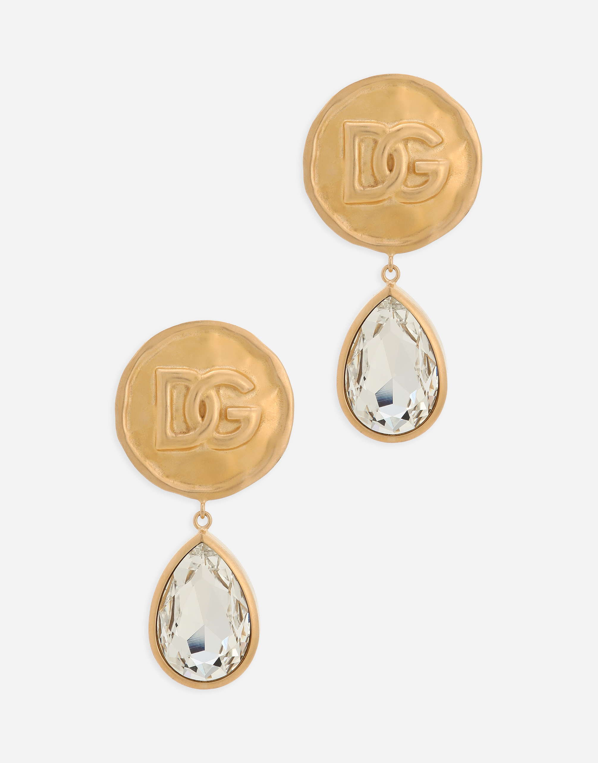 Earrings with logo coin and rhinestone pendants in Gold