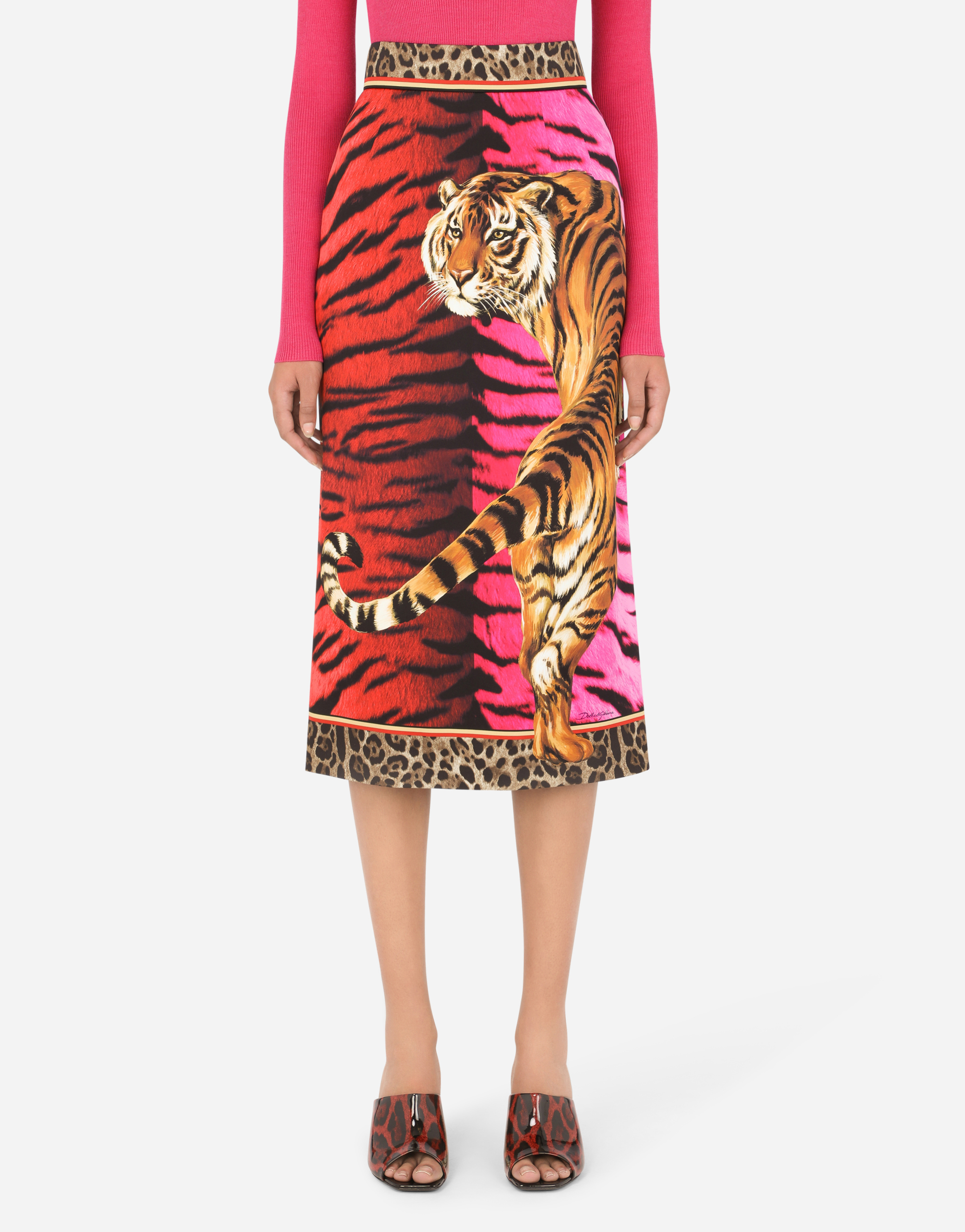 Charmeuse midi pencil skirt with tiger print in Multicolor