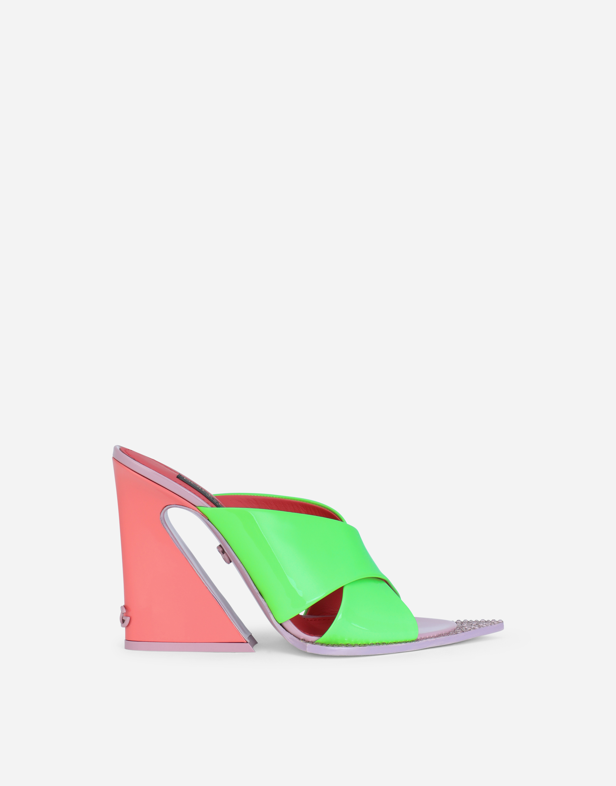 Neon patent leather mules with geometric heel in Multicolor