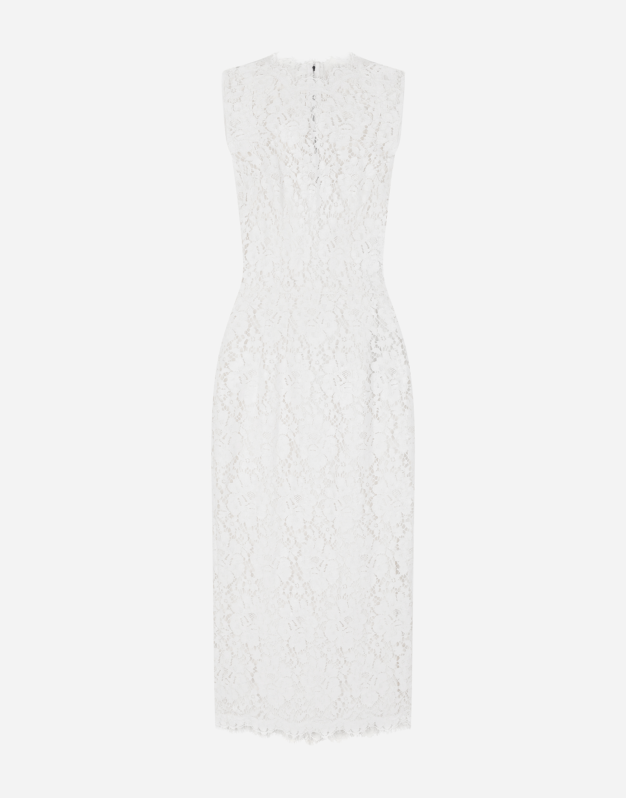 Laminated lace calf-length dress in White