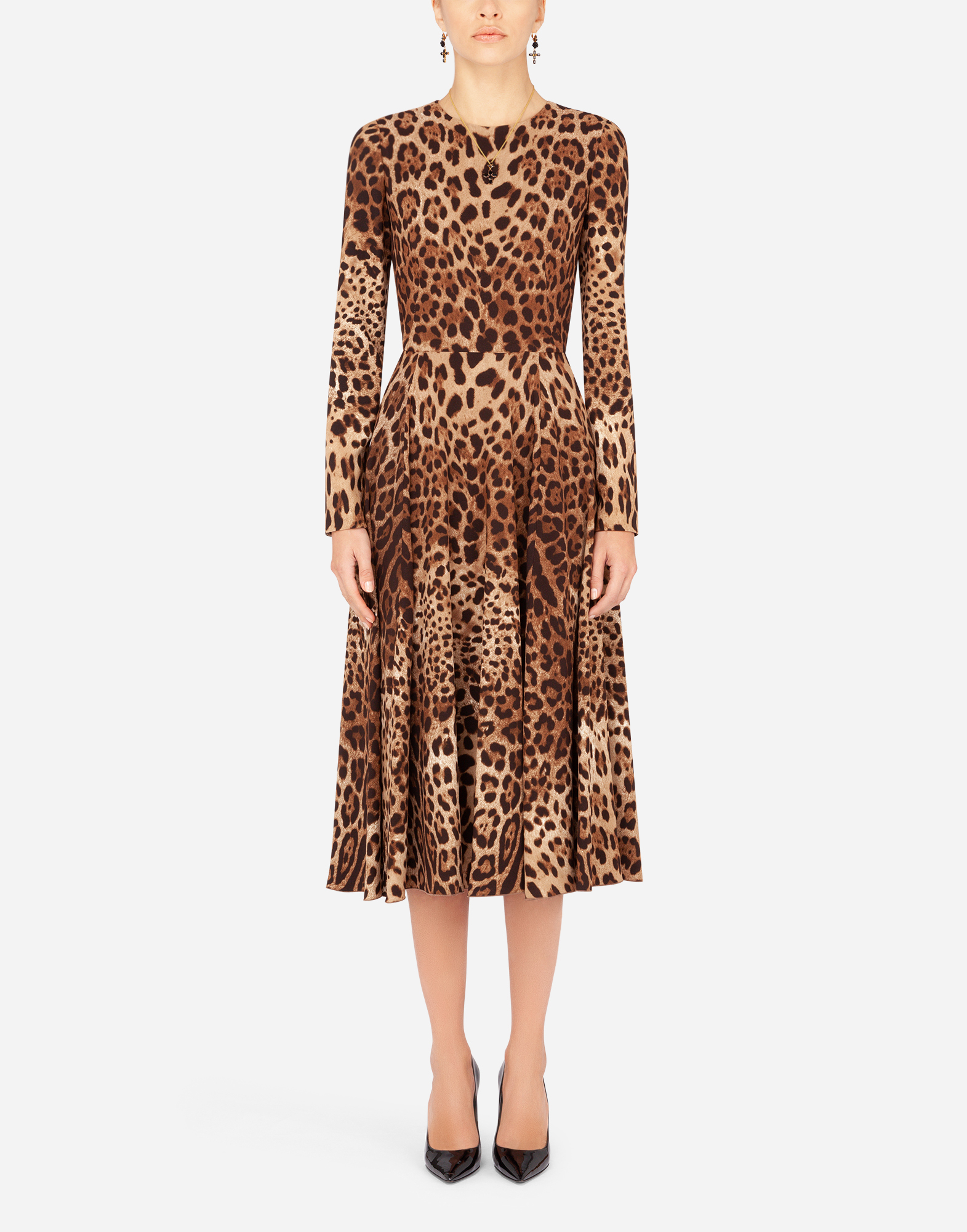 Leopard-print calf-length cady dress in Multicolor