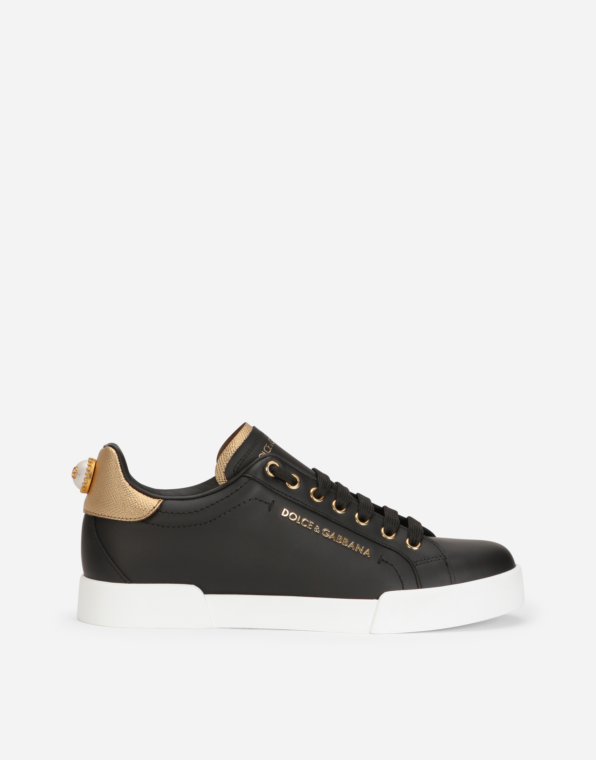 Calfskin nappa Portofino sneakers with lettering in Black/Gold
