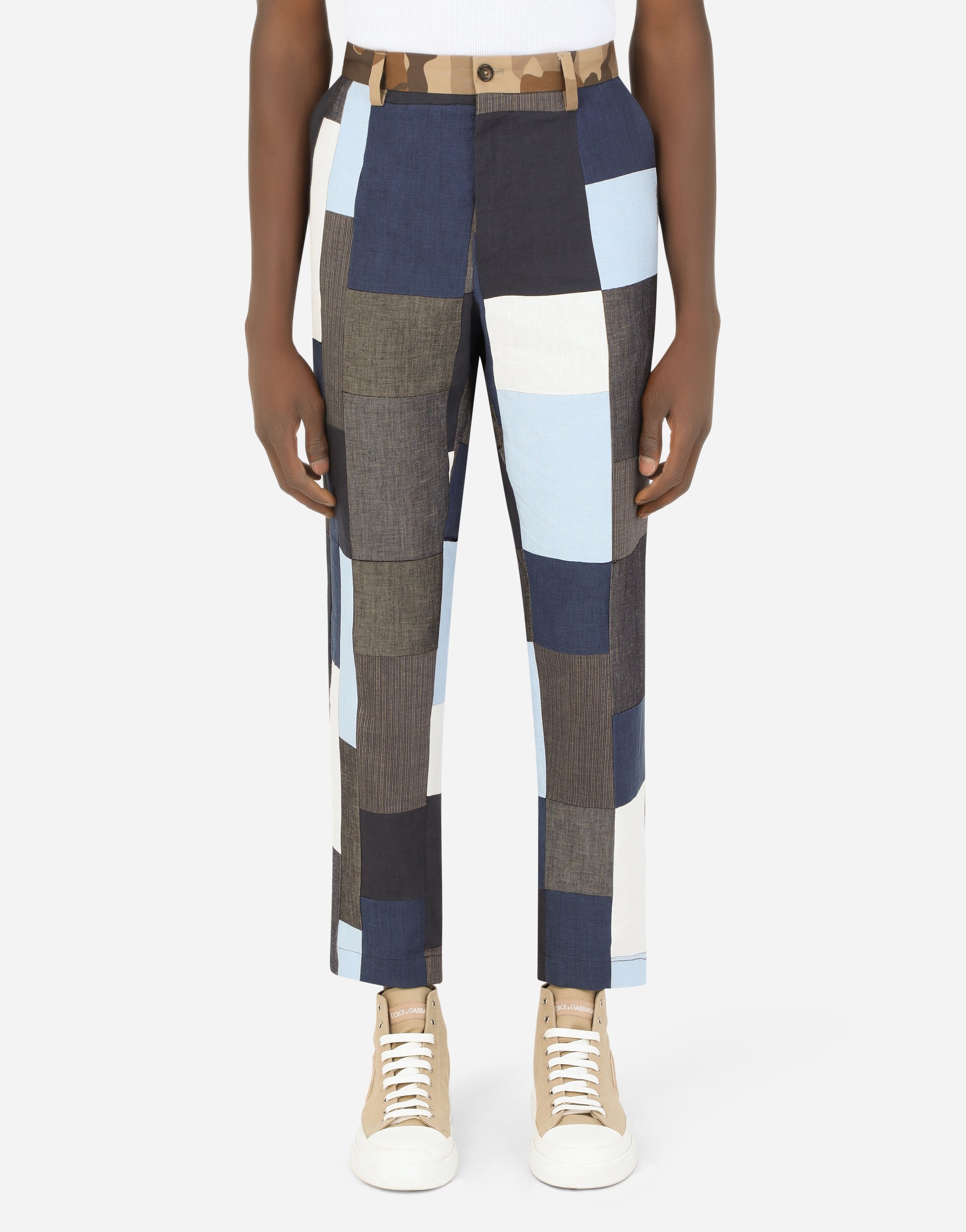 Cotton and linen patchwork pants in Multicolor