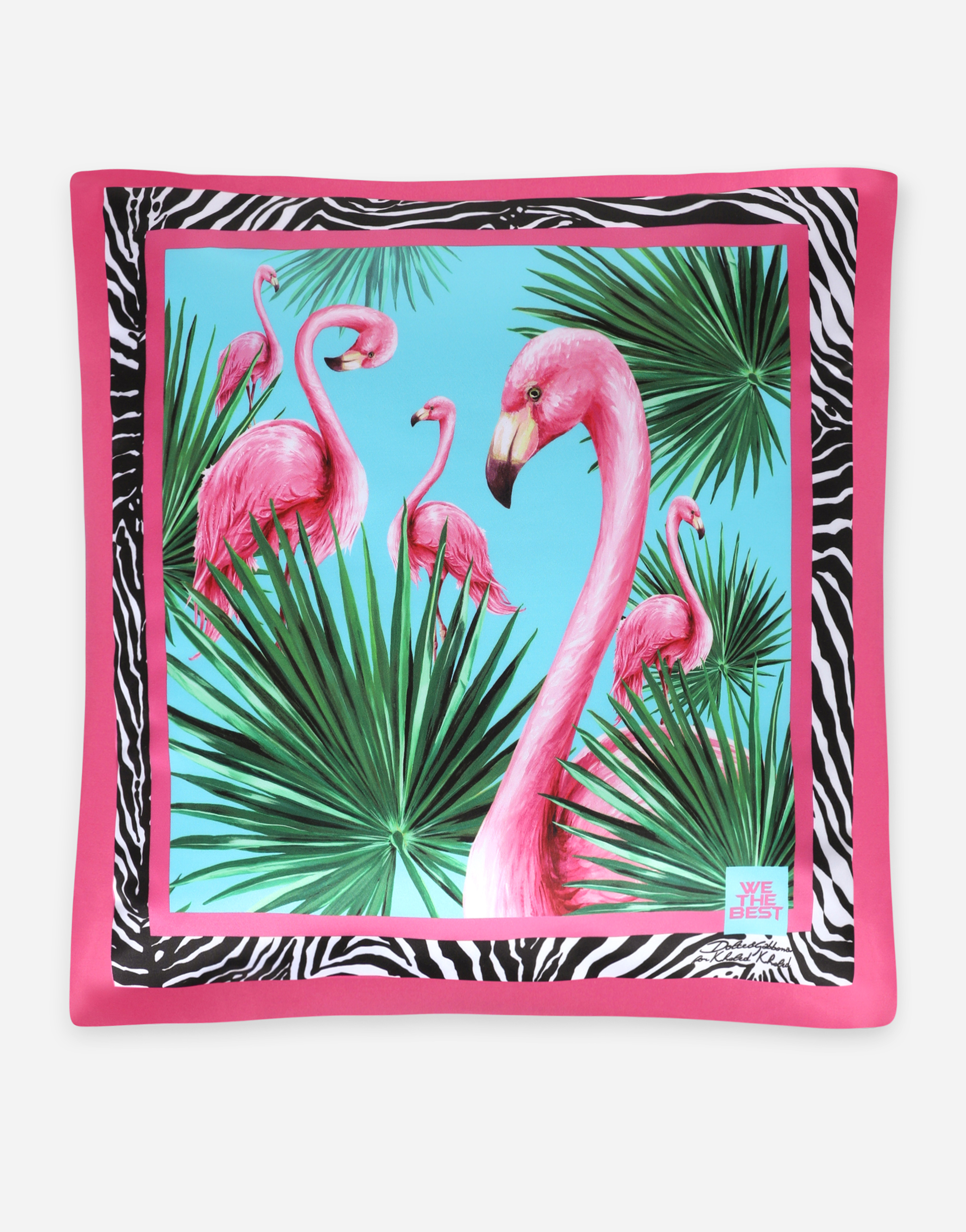Flamingo-print silk pillow cover in Multicolor