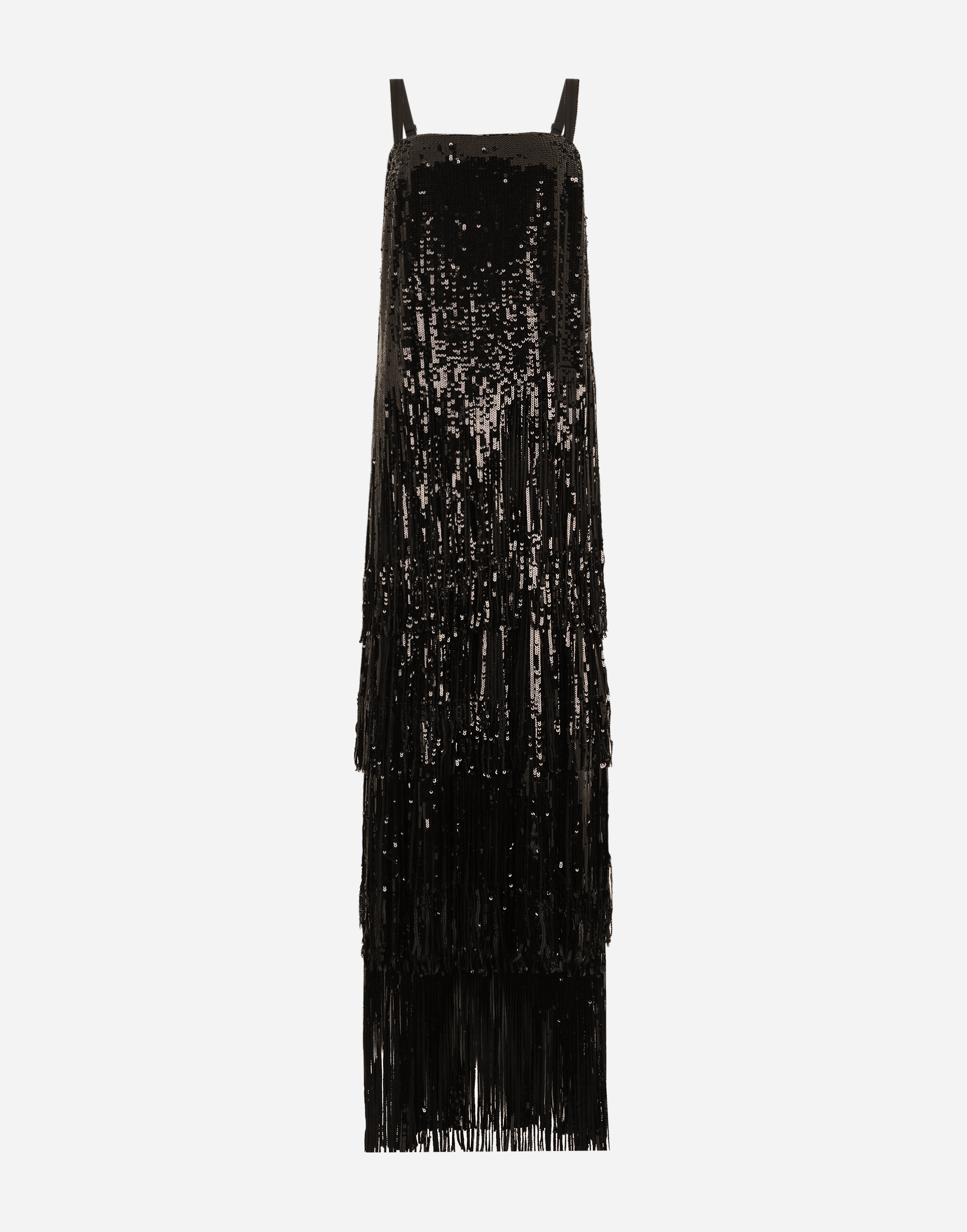 Long sequined dress with fringing in Black