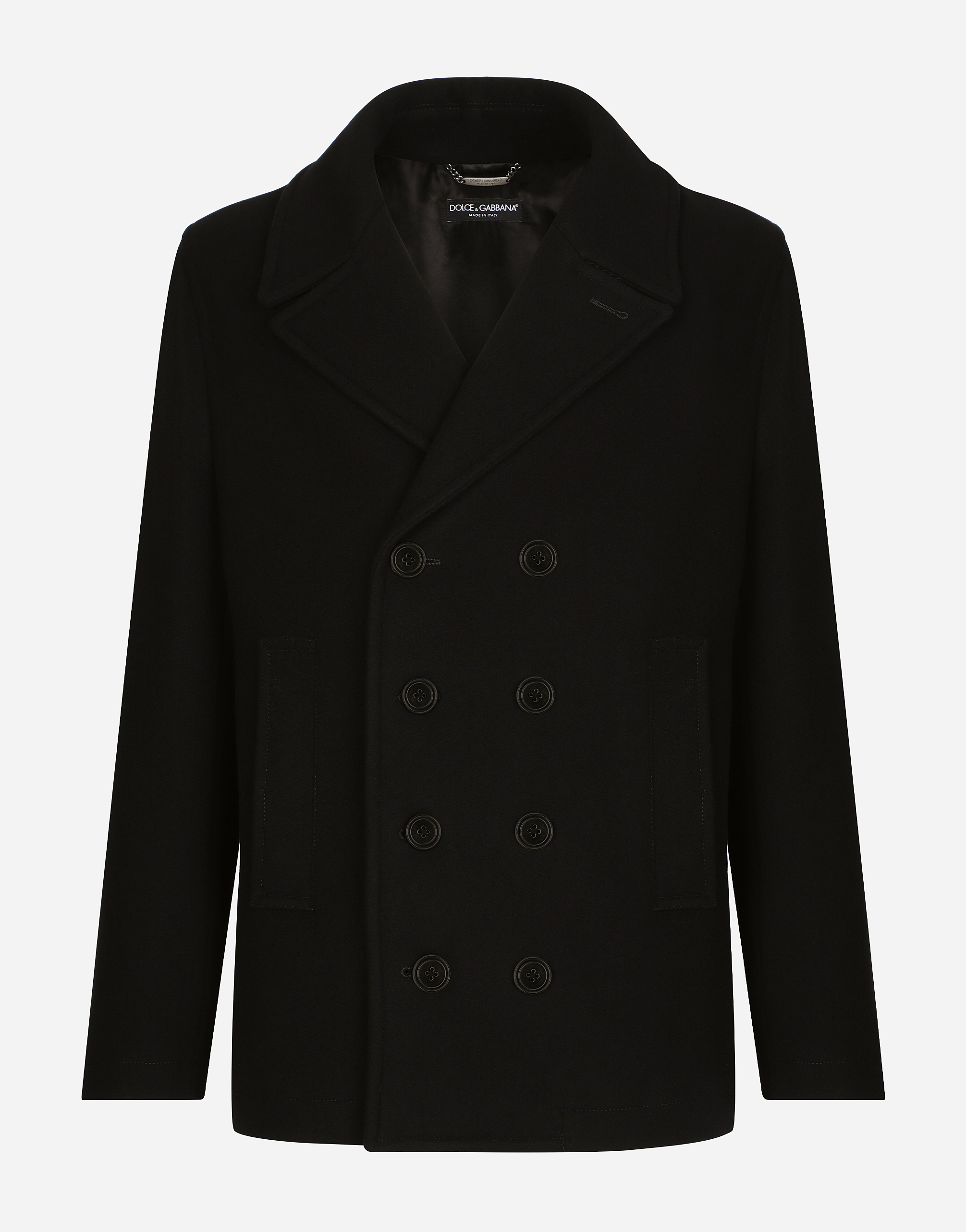 Double-breasted wool pea coat with branded tag in Black