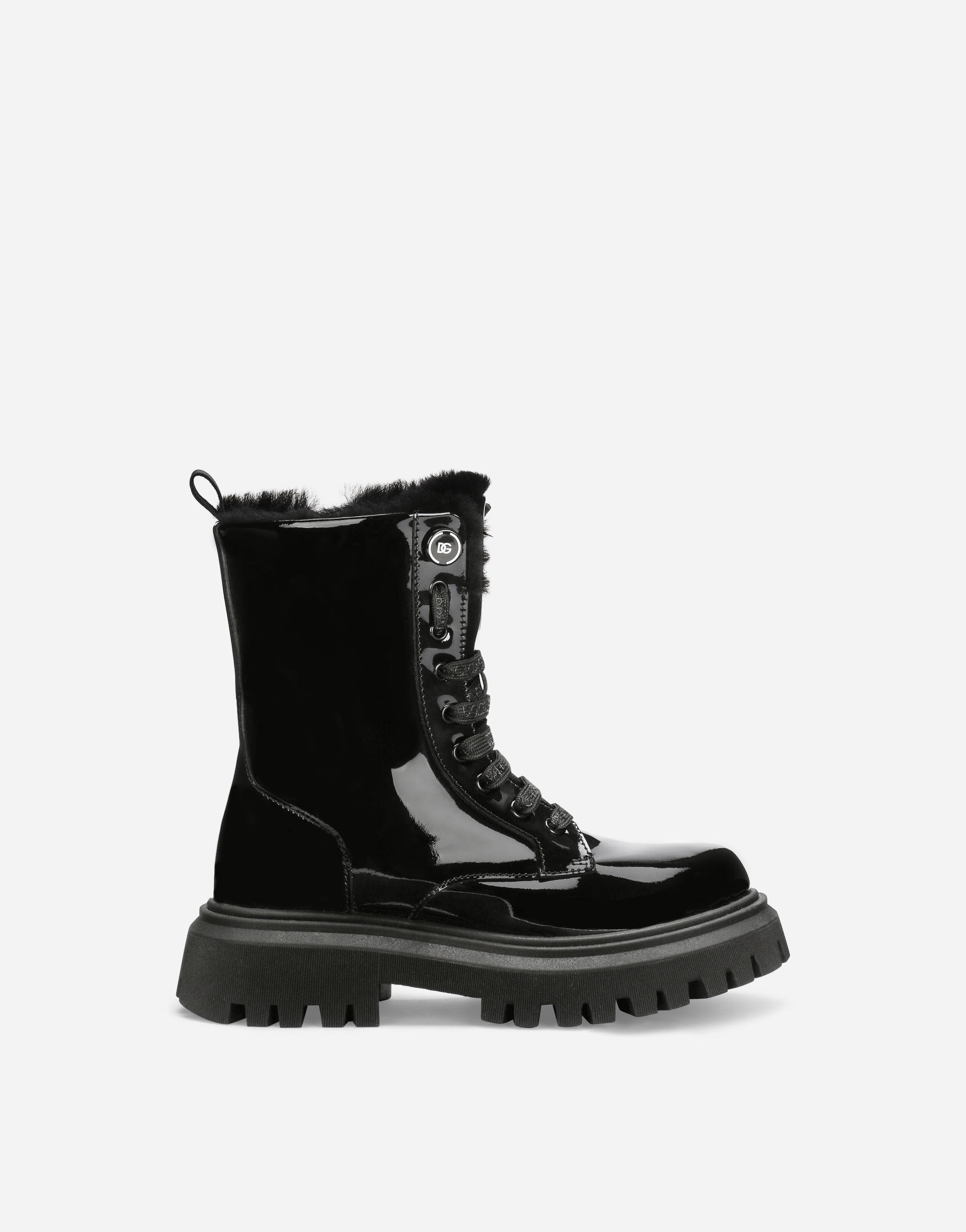 Patent leather combat boots with faux fur lining in Black