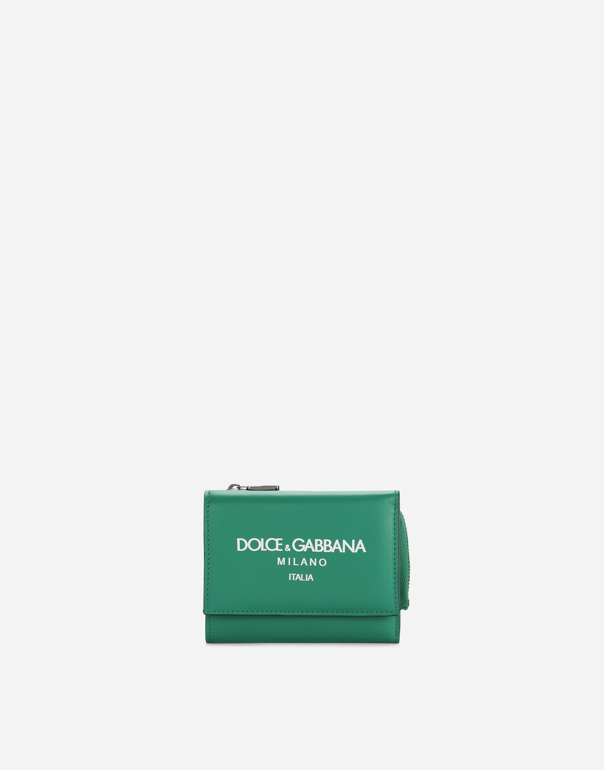 Calfskin French flap wallet with logo in Green