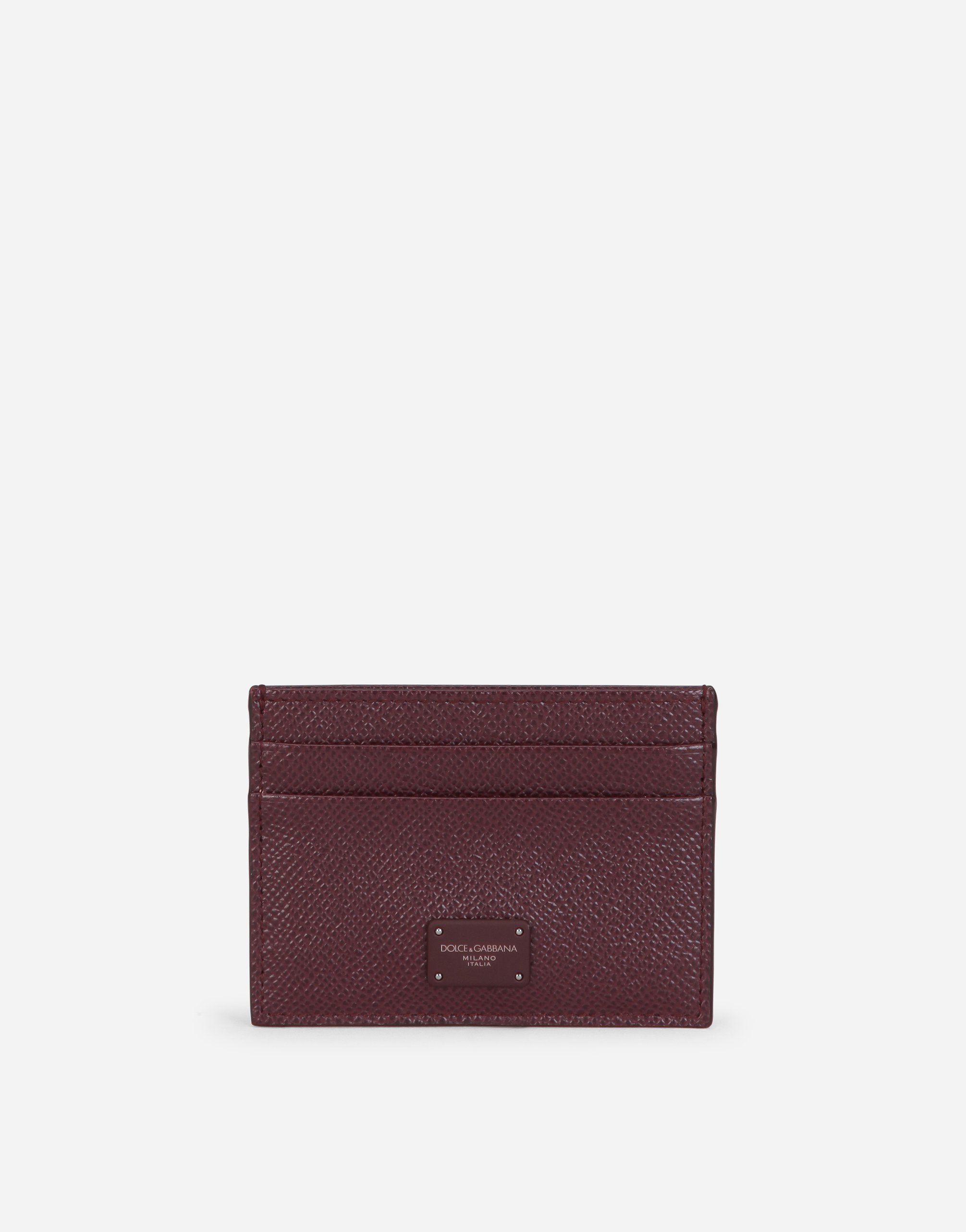 Dauphine calfskin card holder with branded plate in Bordeaux