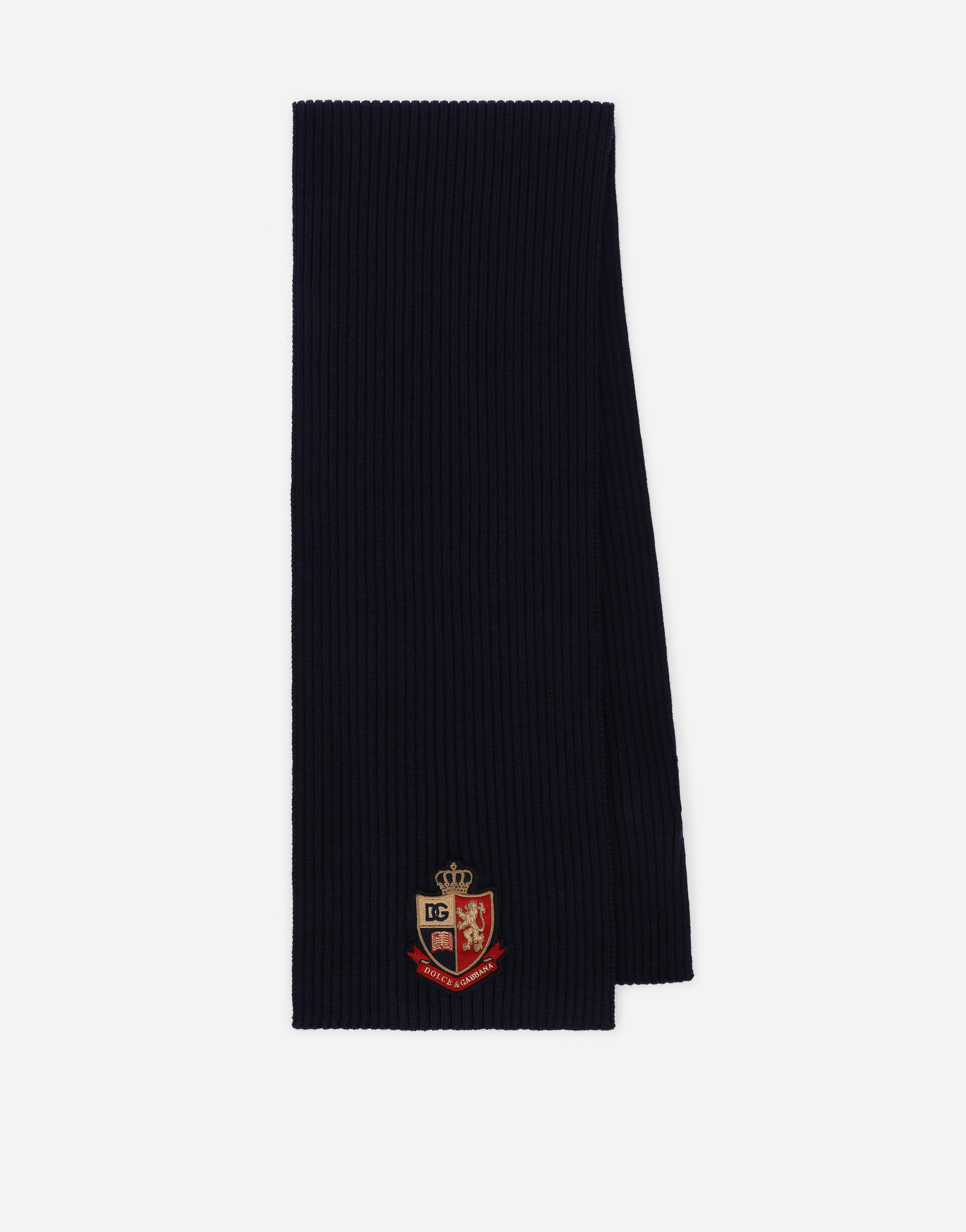 Ribbed knit scarf with heraldic patch in Blue