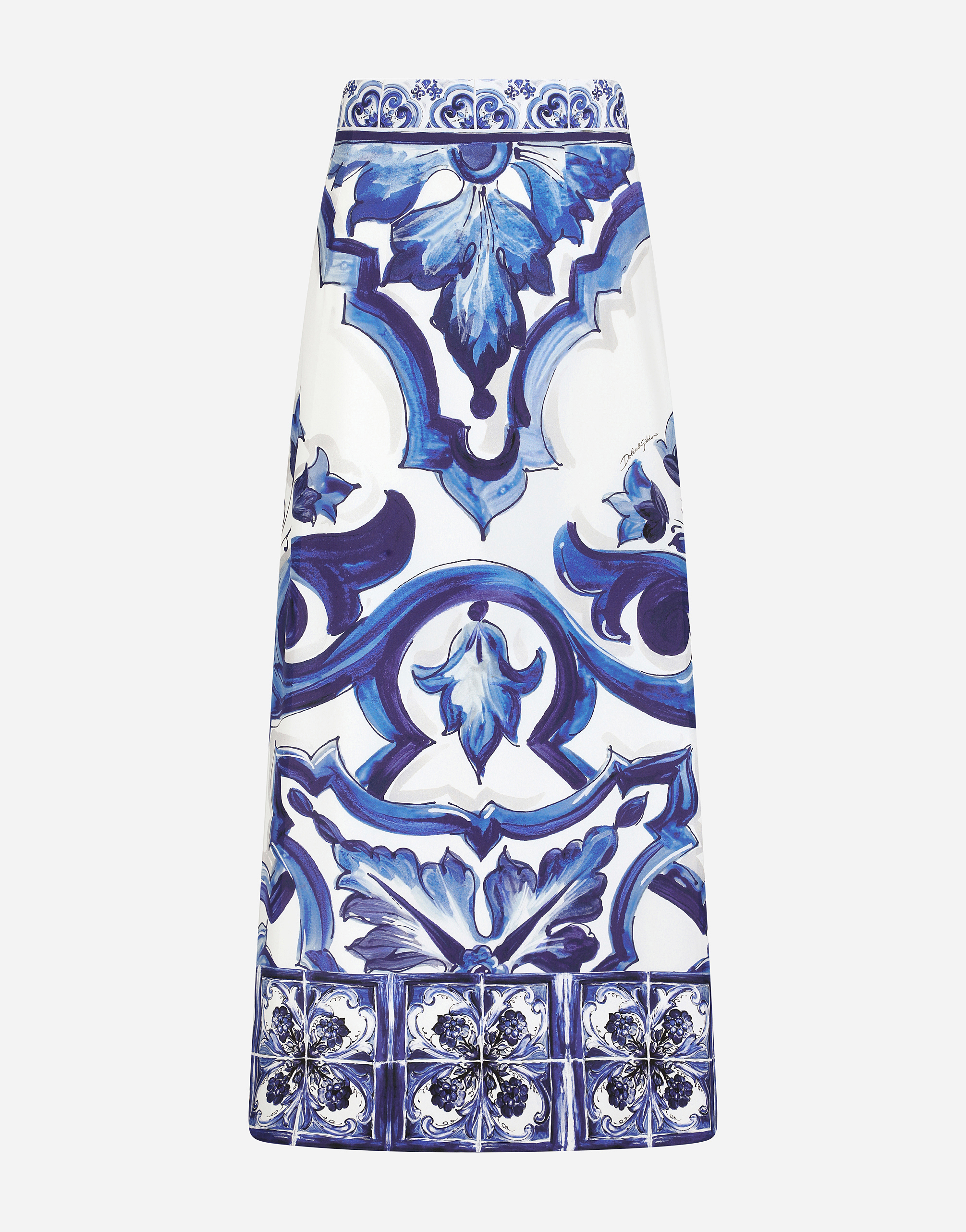 Majolica-print charmeuse calf-length skirt with slit in Multicolor