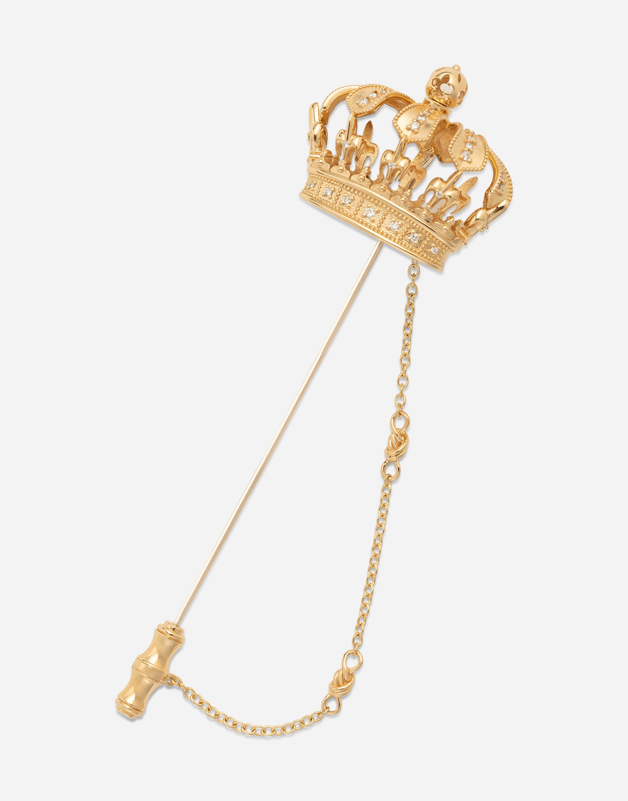 Crown stick pin brooch in yellow and white gold with curly gold thread embellishments and sphere in Gold
