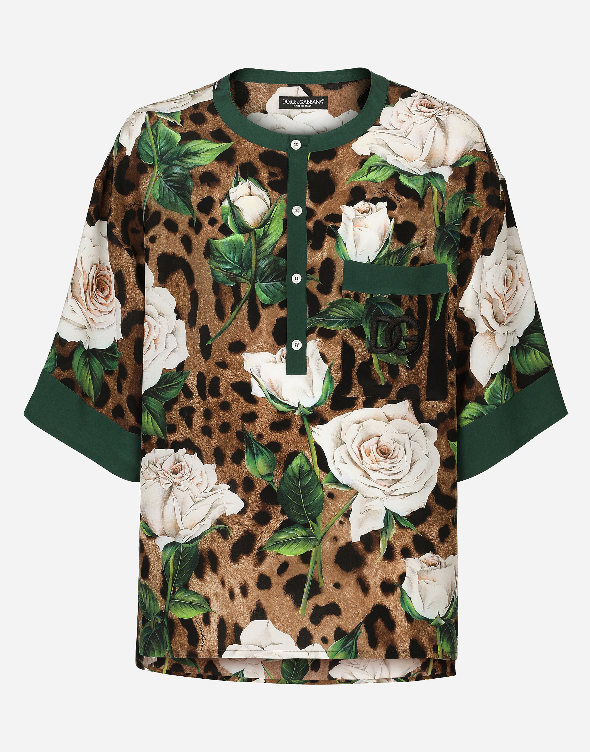 Oversize silk shirt with floral print and DG patch in Multicolor