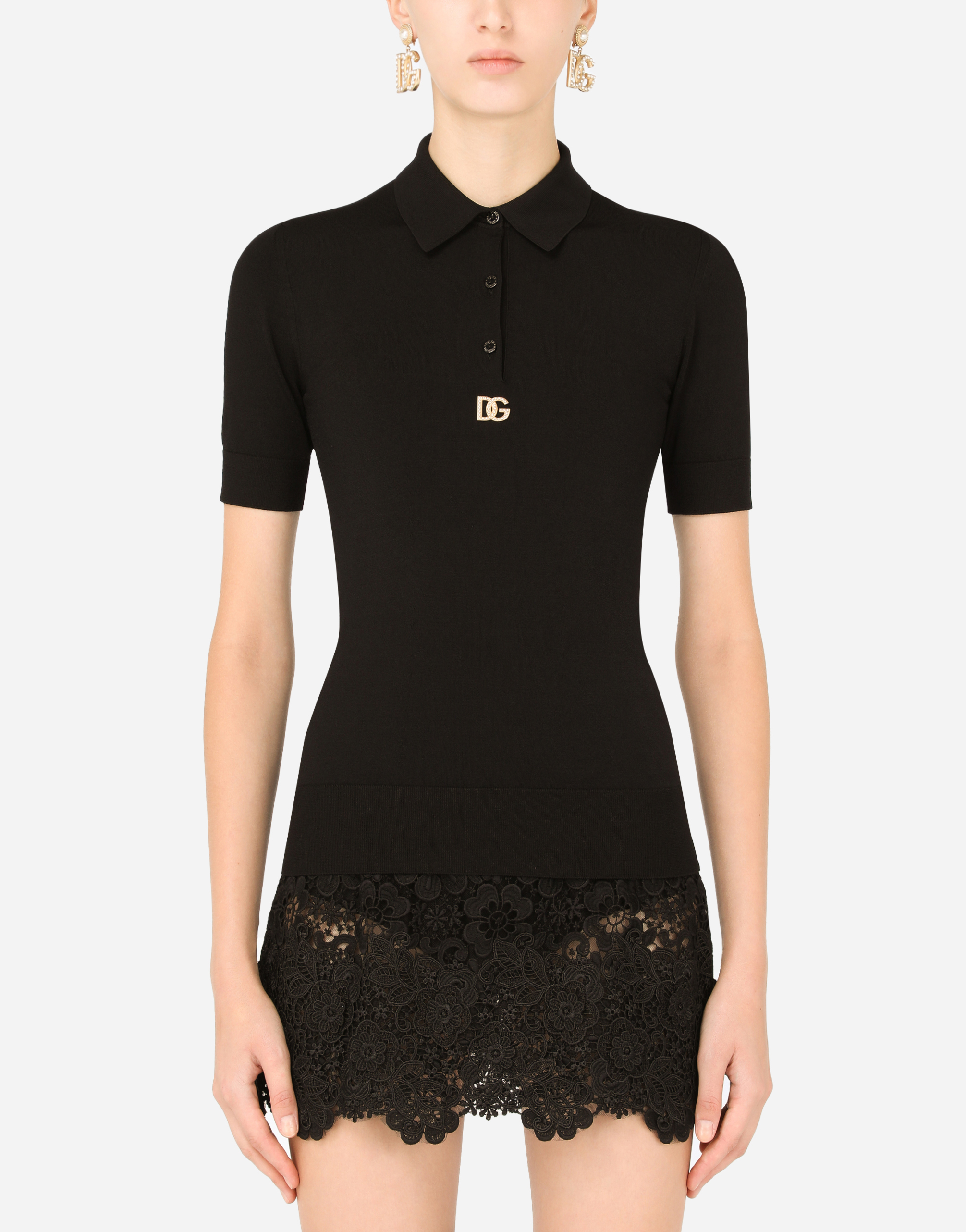 Short-sleeved viscose polo-shirt with crystal DG embellishment in Black