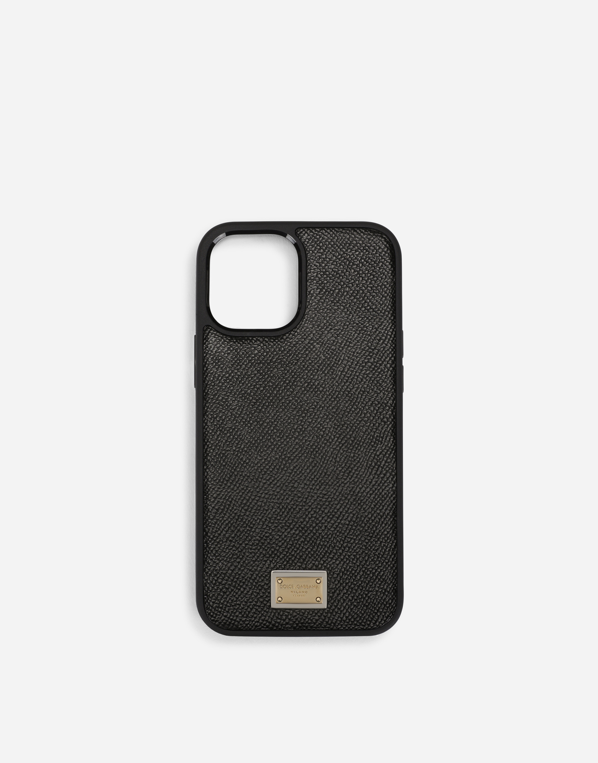Dauphine calfskin iPhone 12 Pro cover with plate in Black