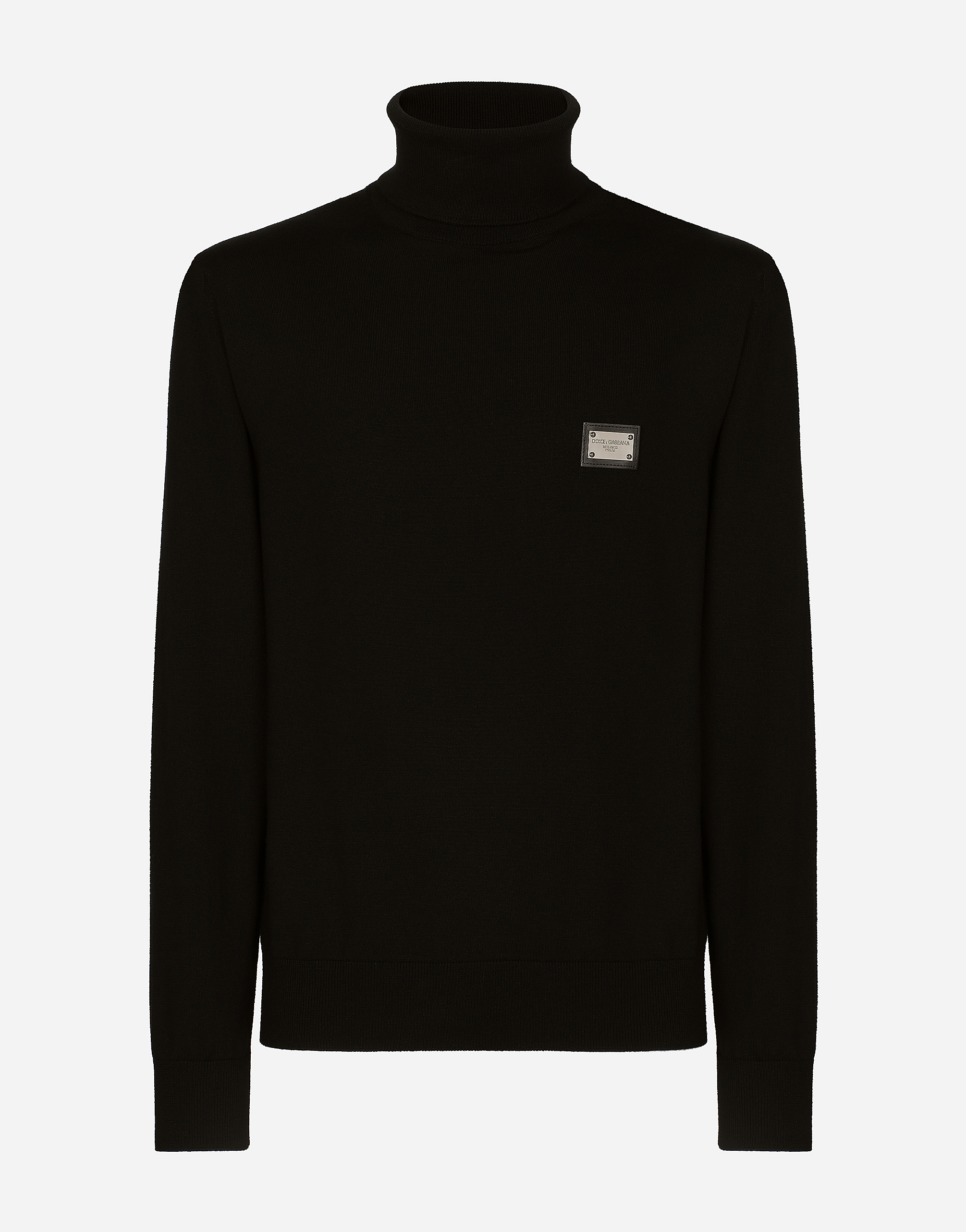 Wool turtle-neck sweater with branded tag in Black