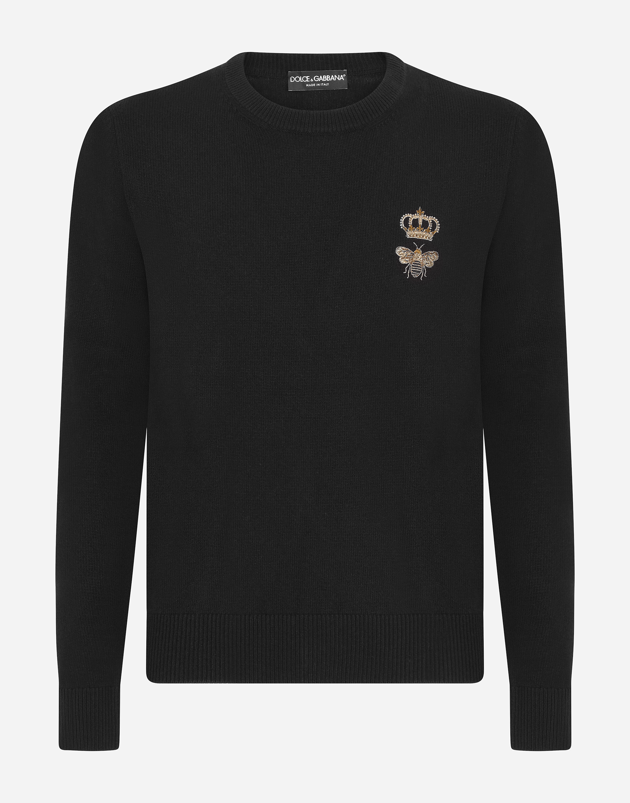 Round-neck wool sweater with embroidery in Black