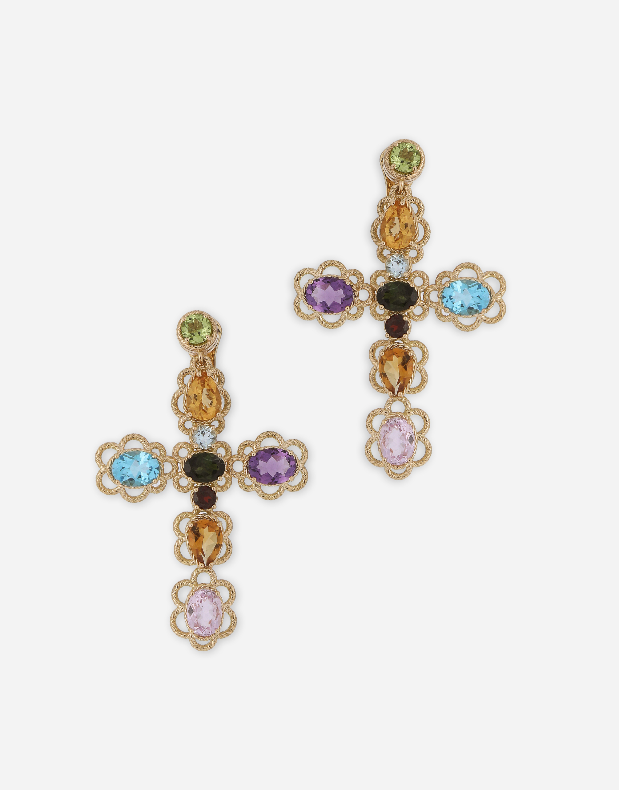18 kt yellow gold clip-on earrings with pin and with multicolor fine gemstones in Yellow Gold