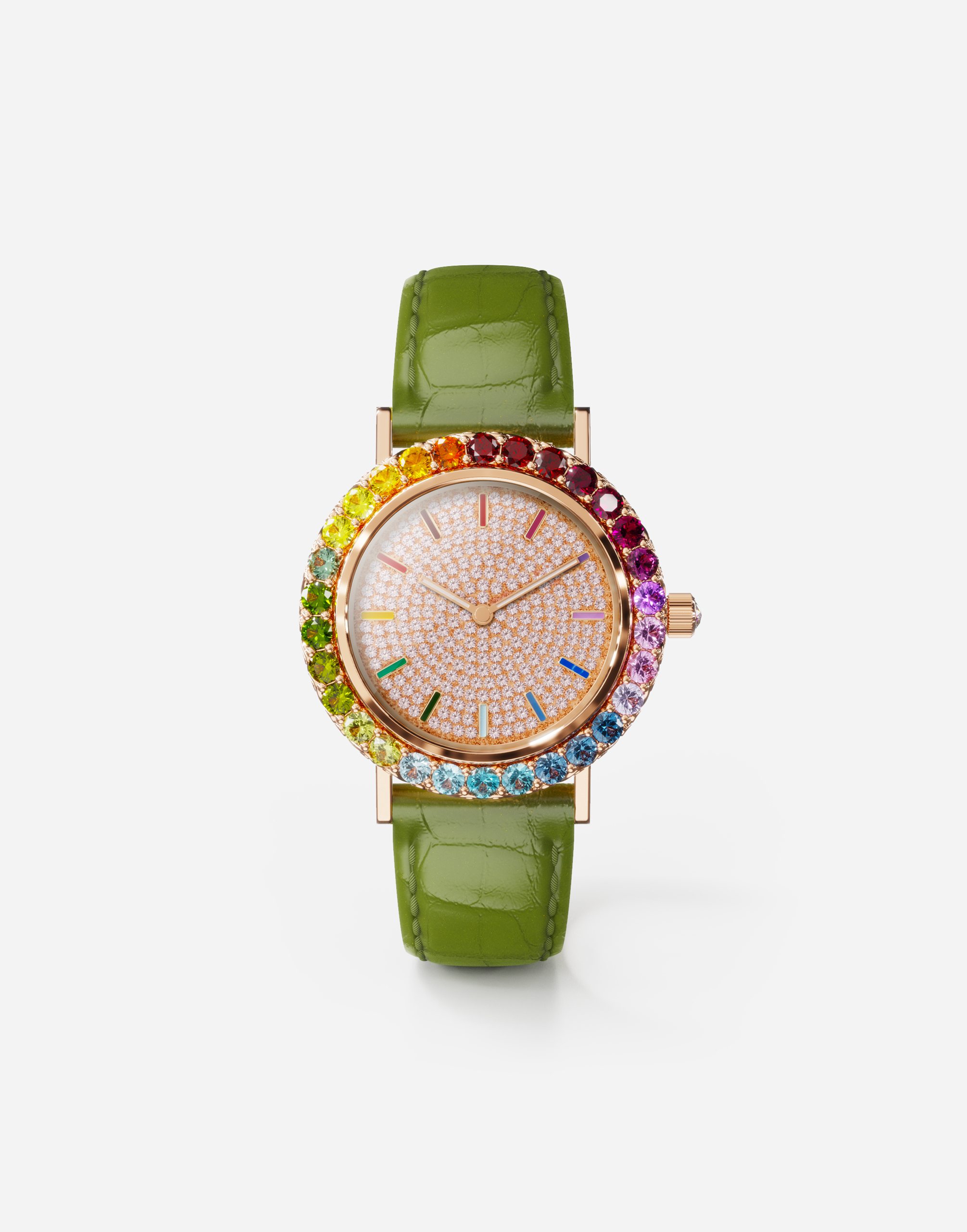 Iris watch in rose gold with multi-colored fine gems and diamonds in Green